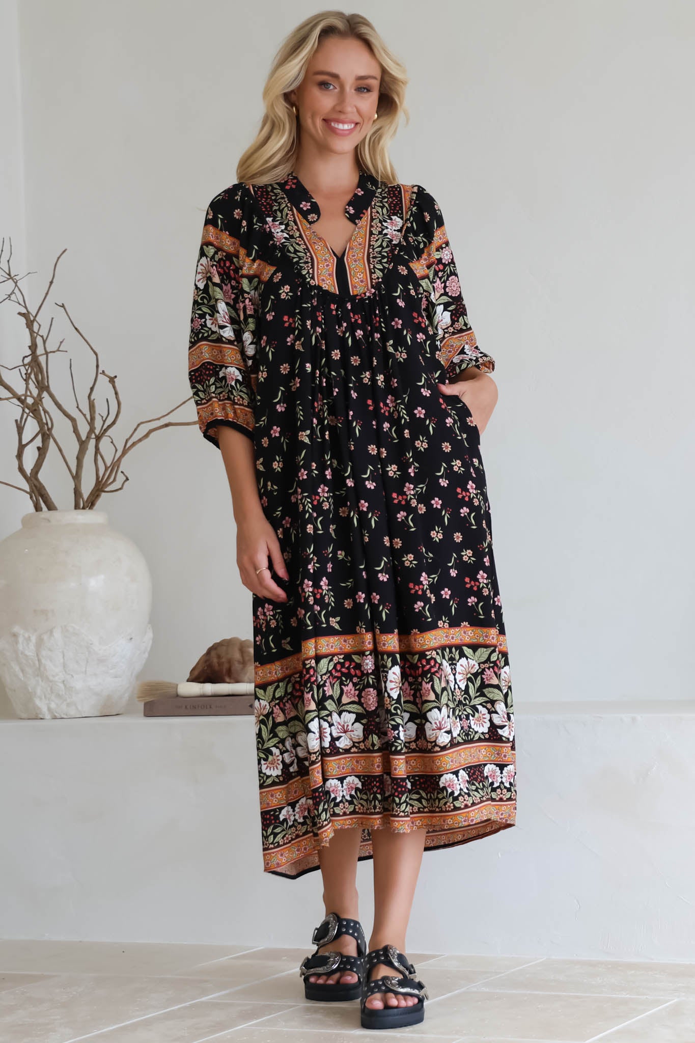 JAASE - Boheme Midi Dress: Piping Defined Bust Slimline Smock Dress In Eternity Print