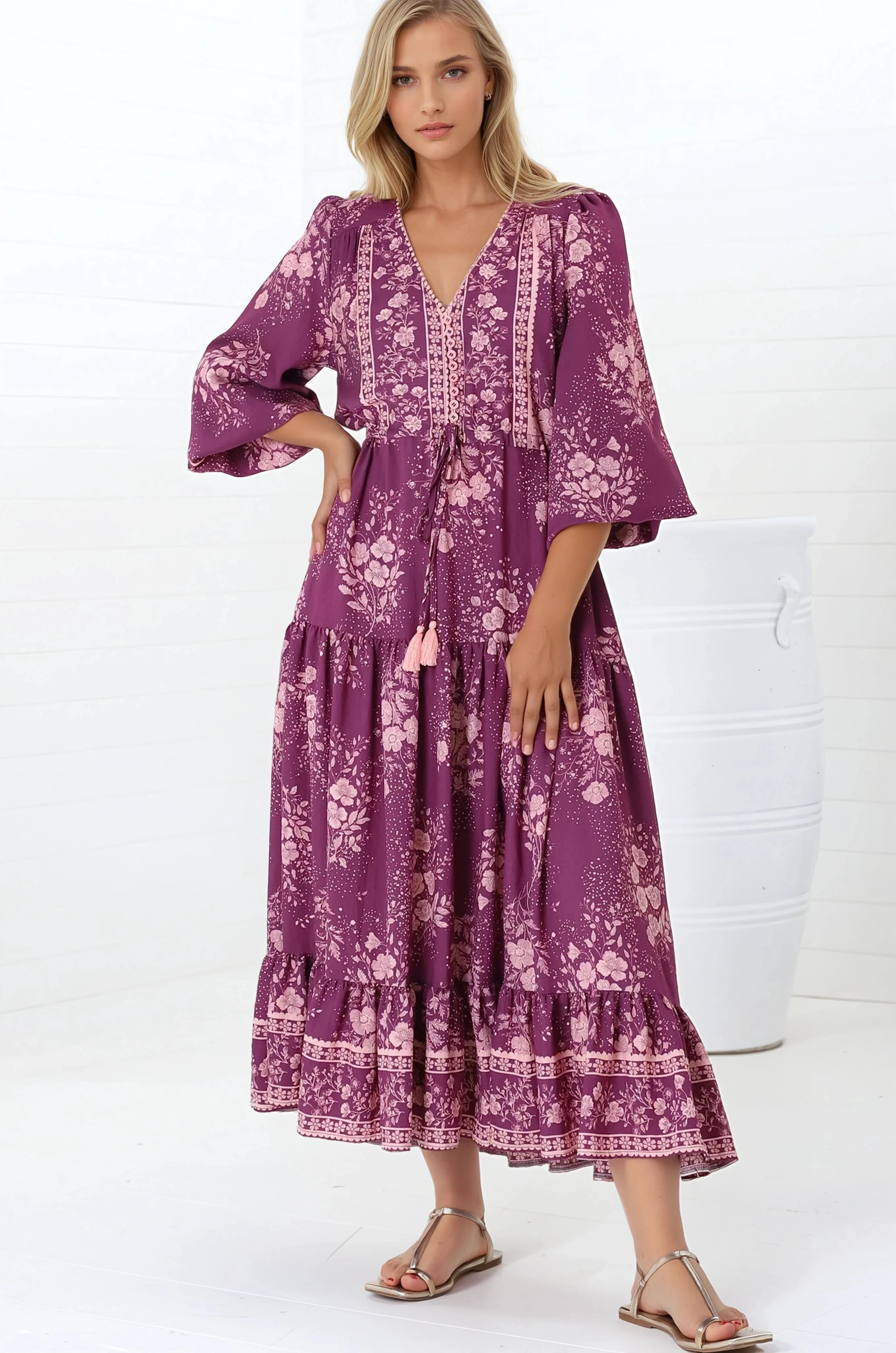 Veronica Maxi Dress - Crochet Trim V-Neck Pull Tie Waist Maxi Dress in Briella Print Berry