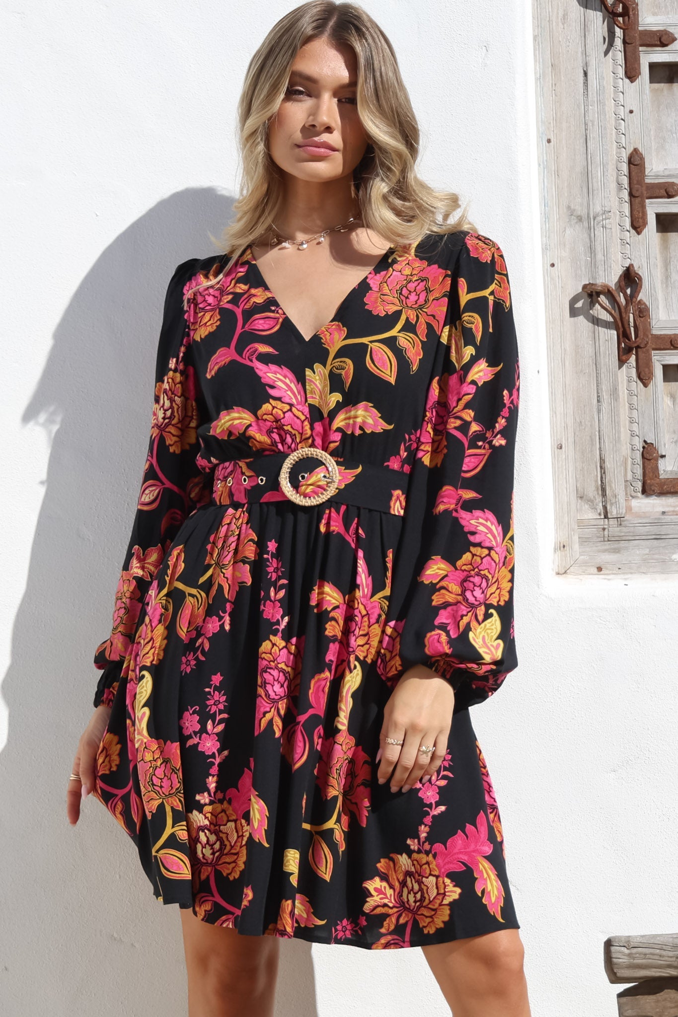 Lyna Mini Dress - A Line Dress with Statement Rattan Buckle Belt in Valerie Print