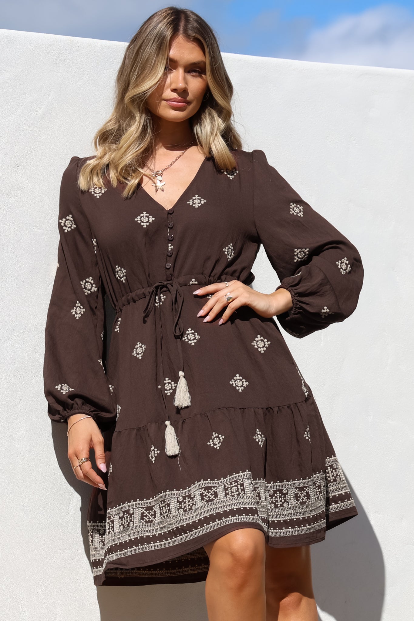 Rylie Mini Dress - Embroidered Long Sleeve Dress with Pull Tie Waist in Vesper Print Brown