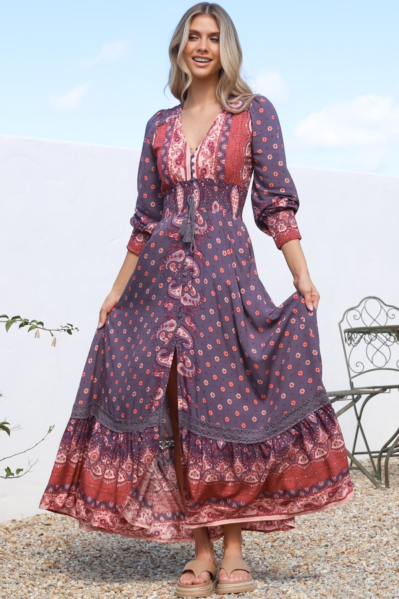 JAASE - Sabrina Maxi Dress: A Line Button Through Dress with Long Sleeves in Dancing Daisy Print
