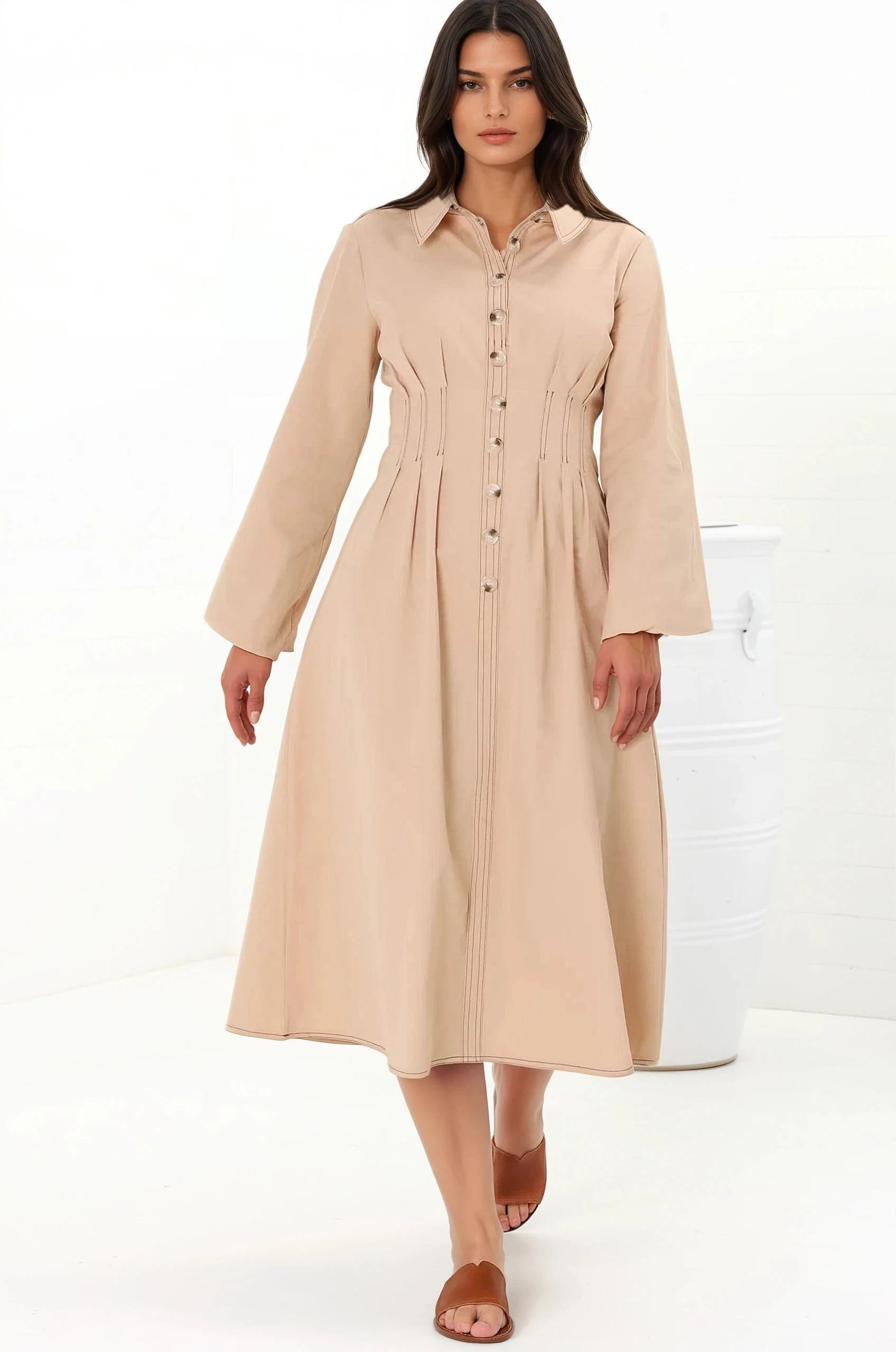 Adalyn Midi Dress - Collared A Line Dress with Cinched Waistline and Contrast Stitching in Beige