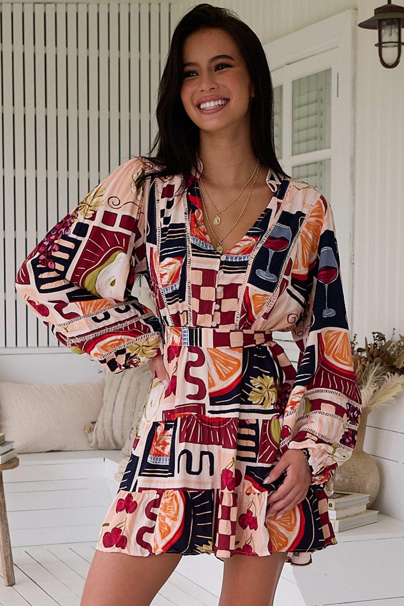 JAASE - Jayde Mini Dress: Lattice Detailed A Line Dress with Tiered Skirt in Barossa Print