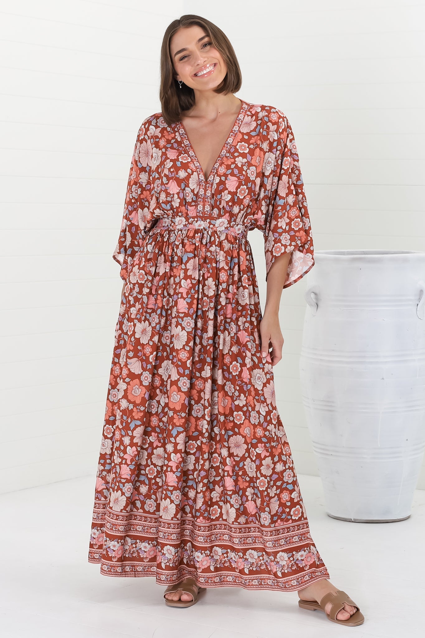 Zelle Maxi Dress - V Neck Batwing Sleeve Dress with Side Splits in Anissa Print Rust