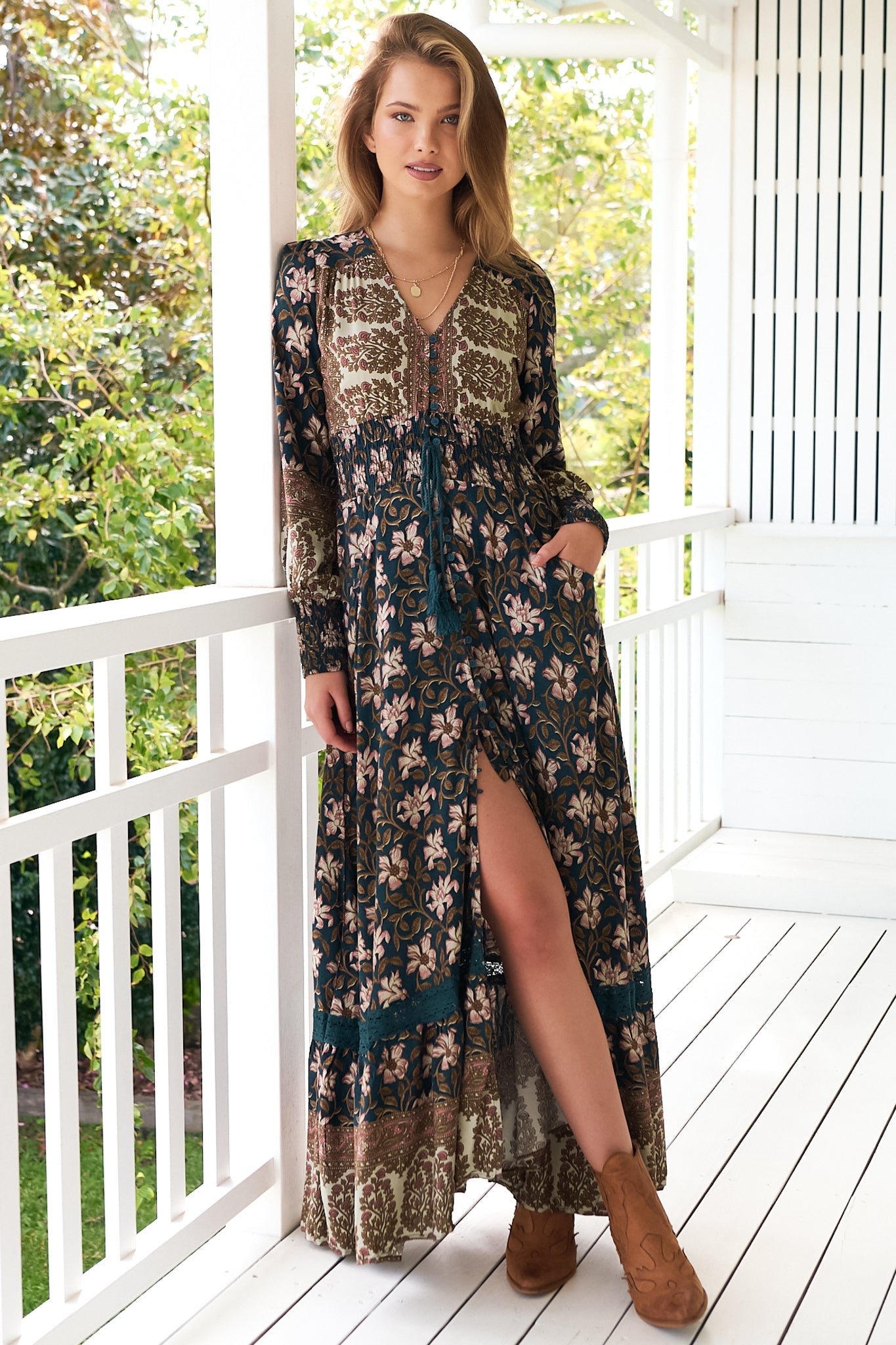 JAASE - Sabrina Maxi Dress: A Line Button Through Dress with Long Sleeves in Nomade Print