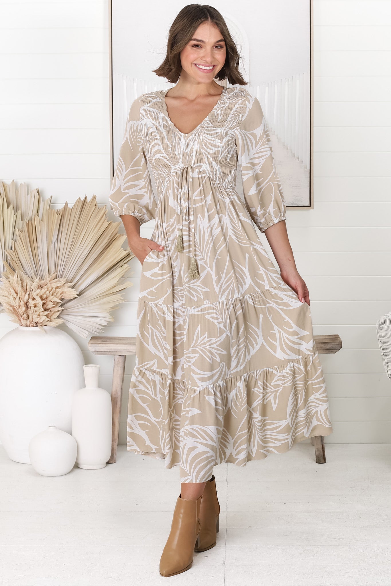 Jaden Midi Dress - Elasticated Bodice A-Line Dress in Jeani Print Beige