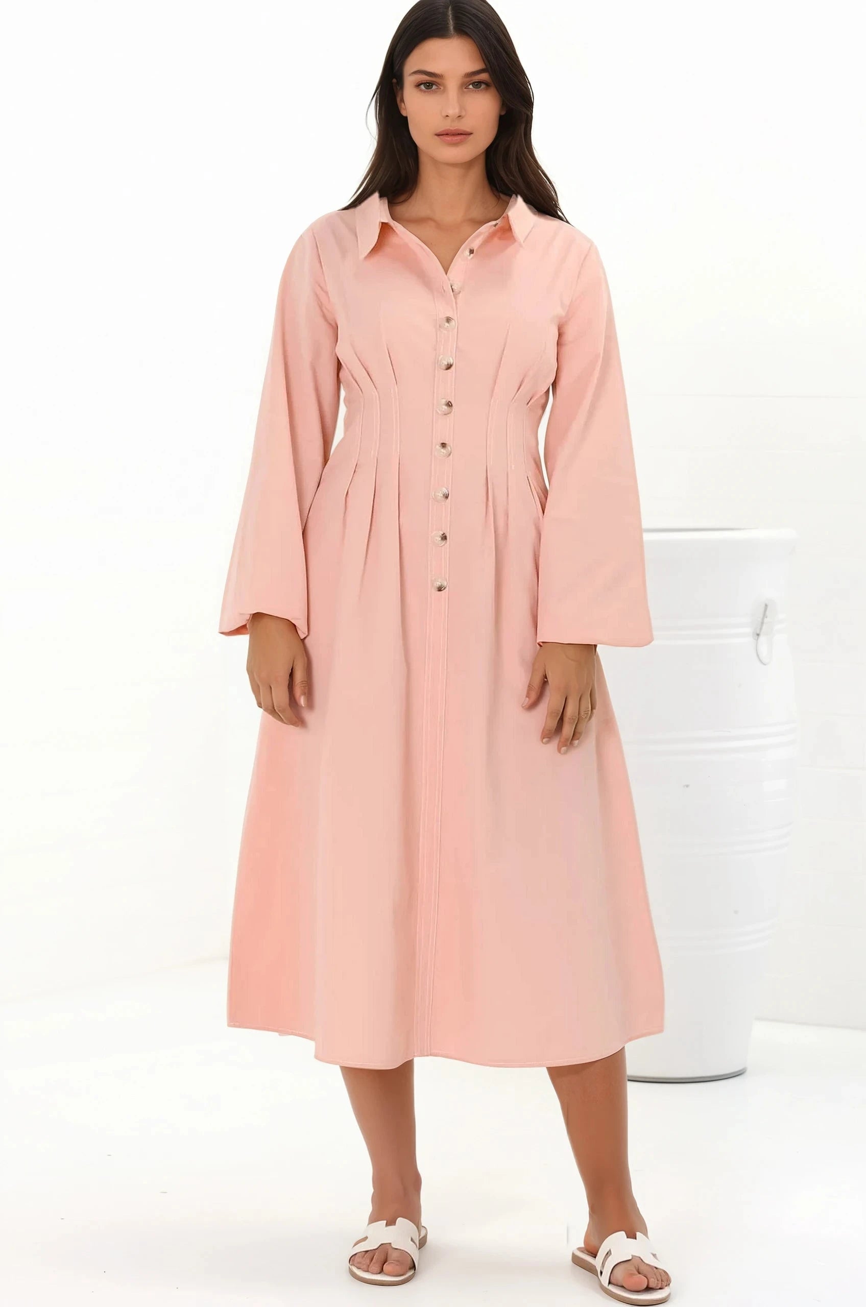 Adalyn Midi Dress - Collared A Line Dress with Cinched Waistline and Contrast Stitching in Pink