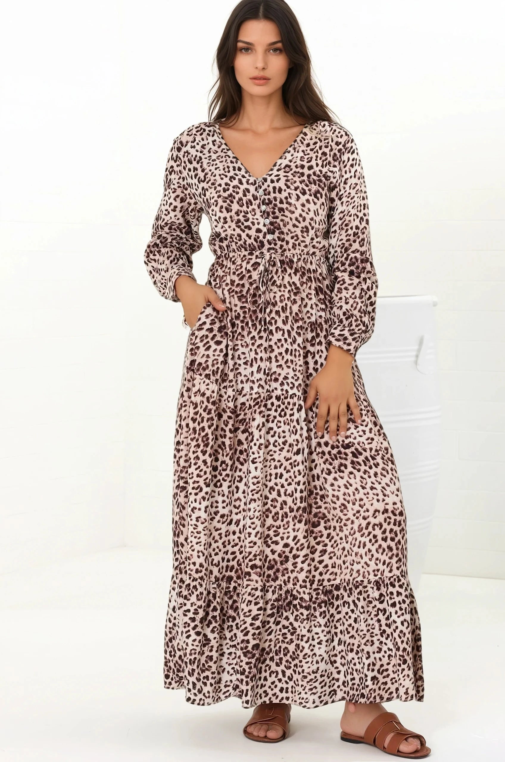 Seara Maxi Dress - Button Down Bodice Tiered A-Line Dress in Tatum Print