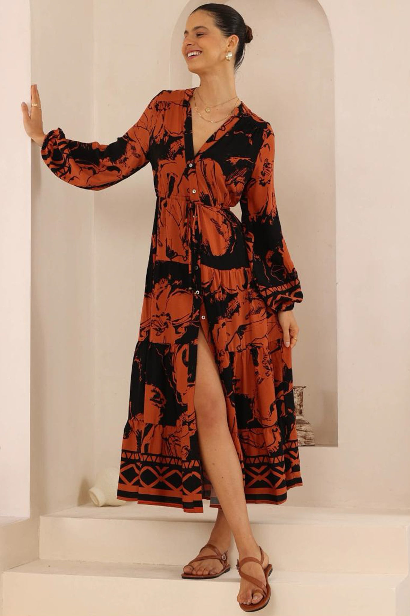 Mandie Maxi Dress - Mandarin Collar Button Down Tiered Dress in Joslyn Print
