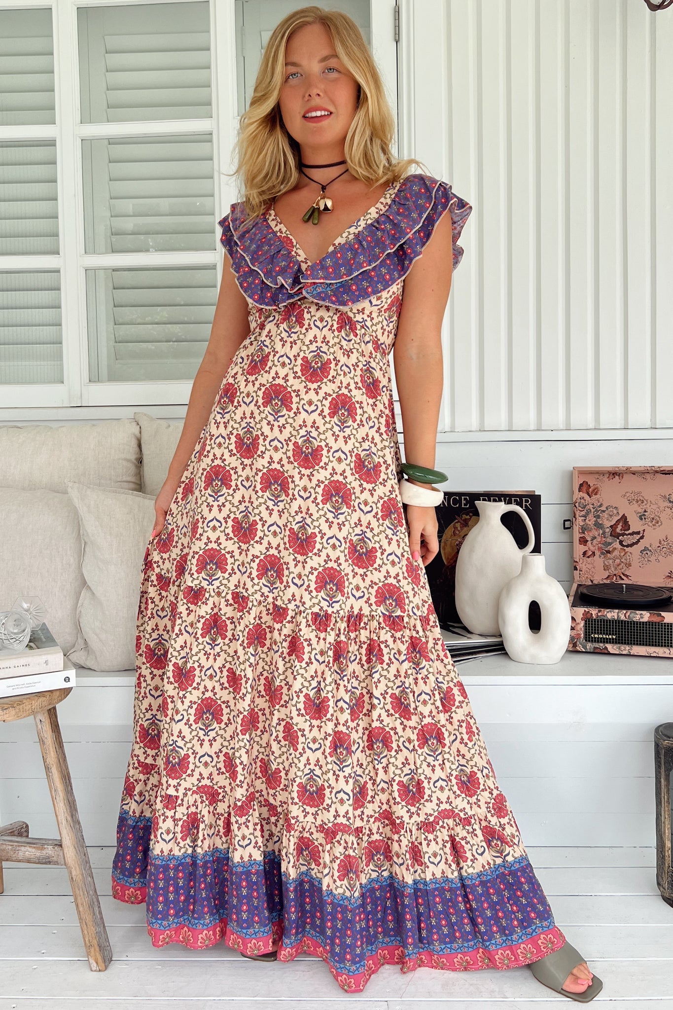 JAASE - Ema Maxi Dress: Frill Neckline A-Line Maxi Dress in Bohemia Print
