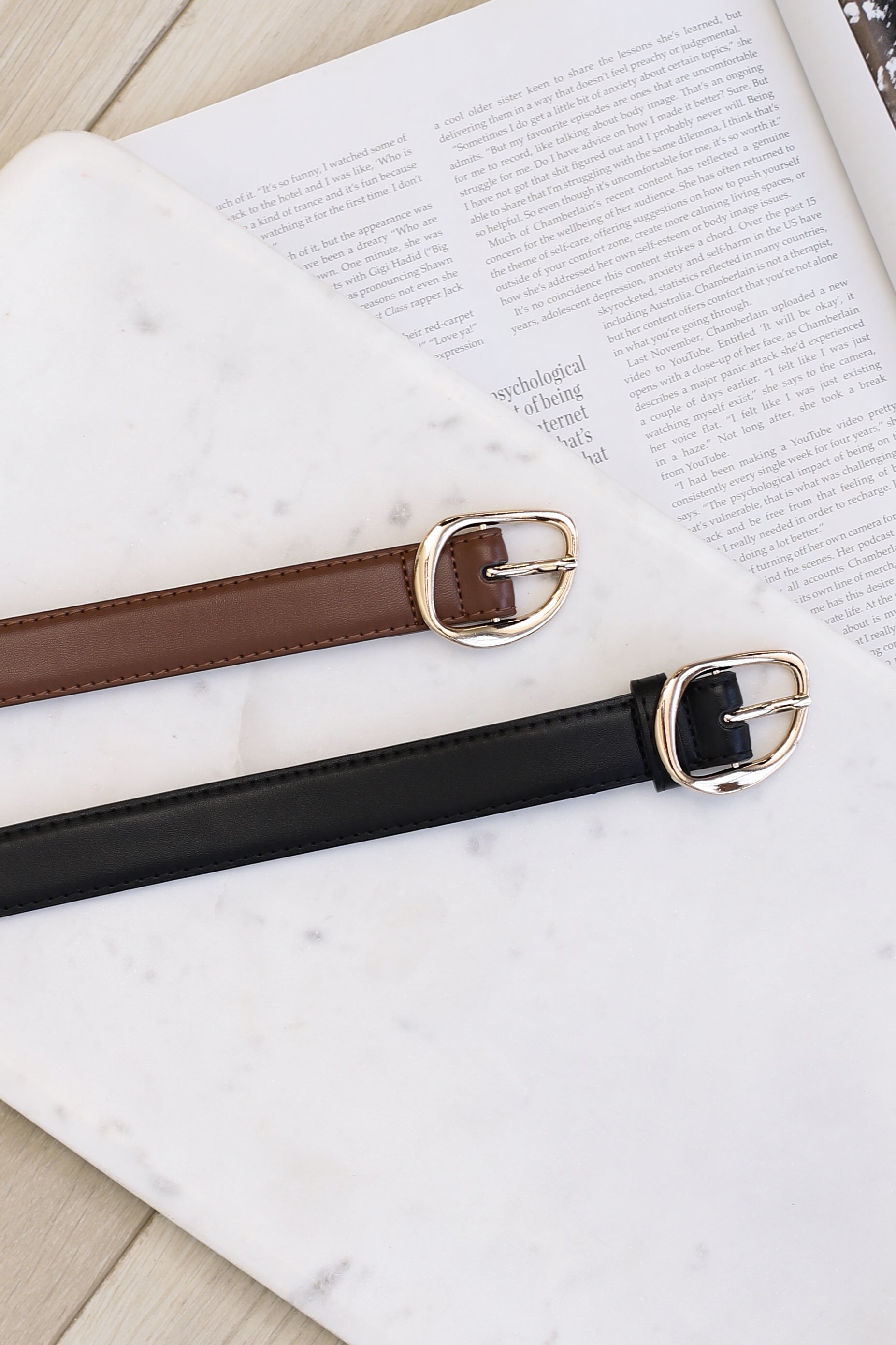 Quinn PU Leather Abstract Gold Buckle Thin Belt Set - Black/Brown