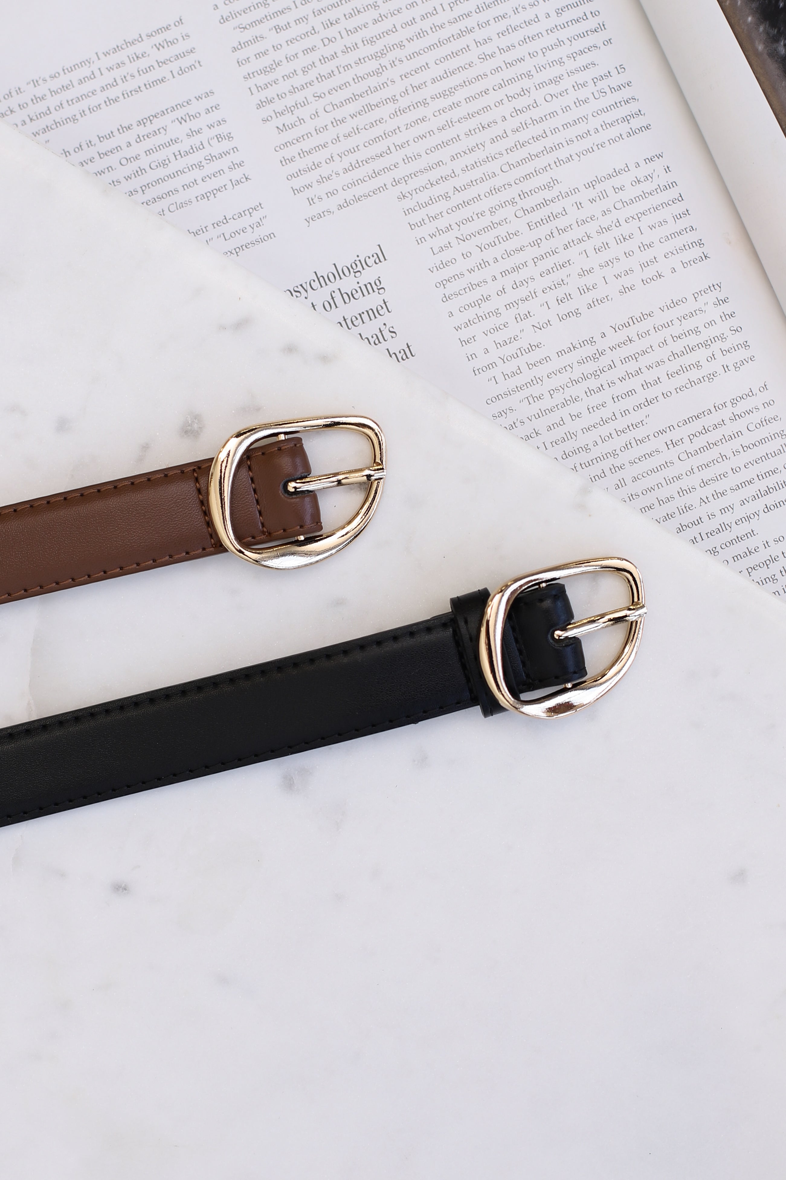 Quinn PU Leather Abstract Gold Buckle Thin Belt Set - Black/Brown
