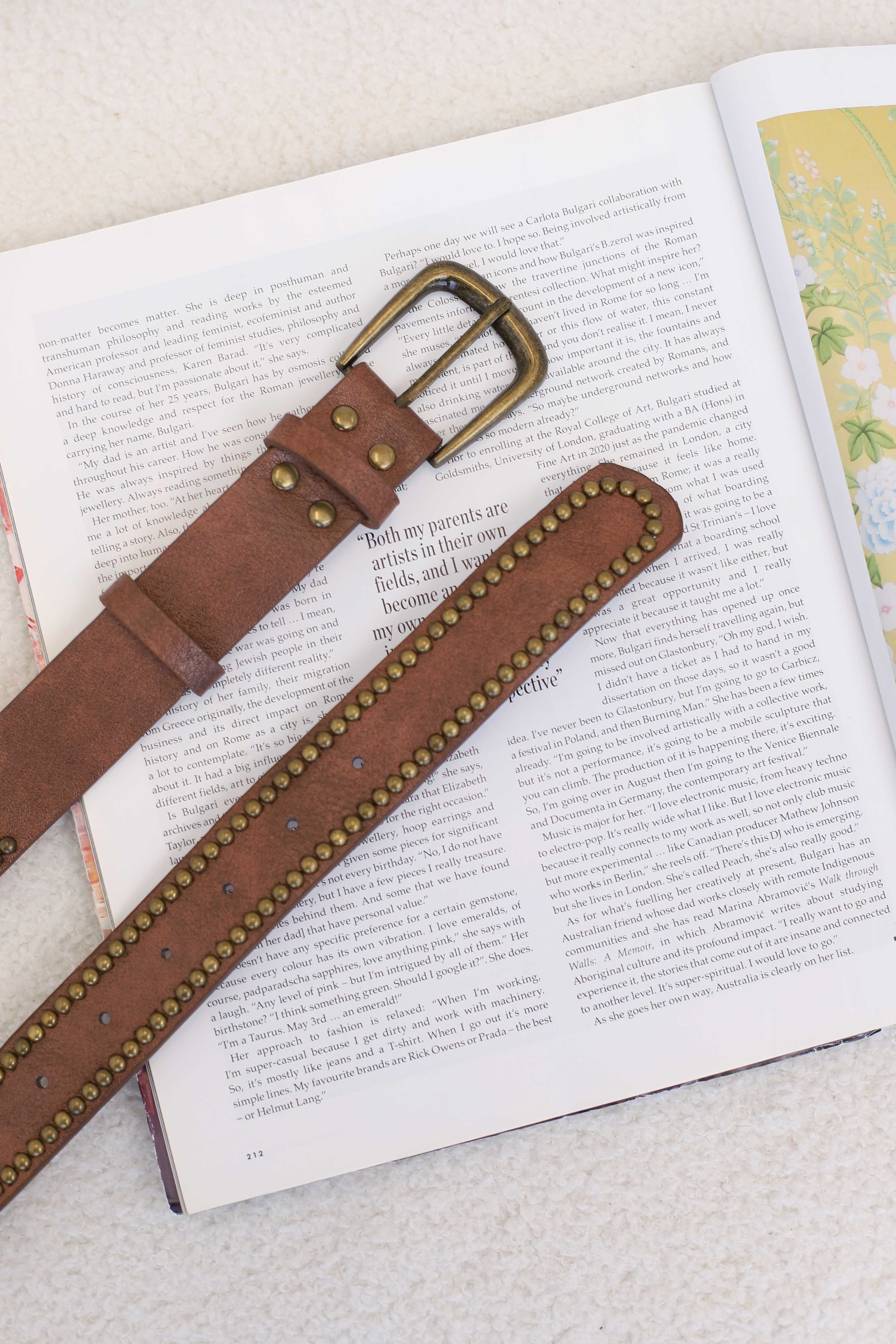 Jace PU Leather Gold Buckle Studded Belt - Brown