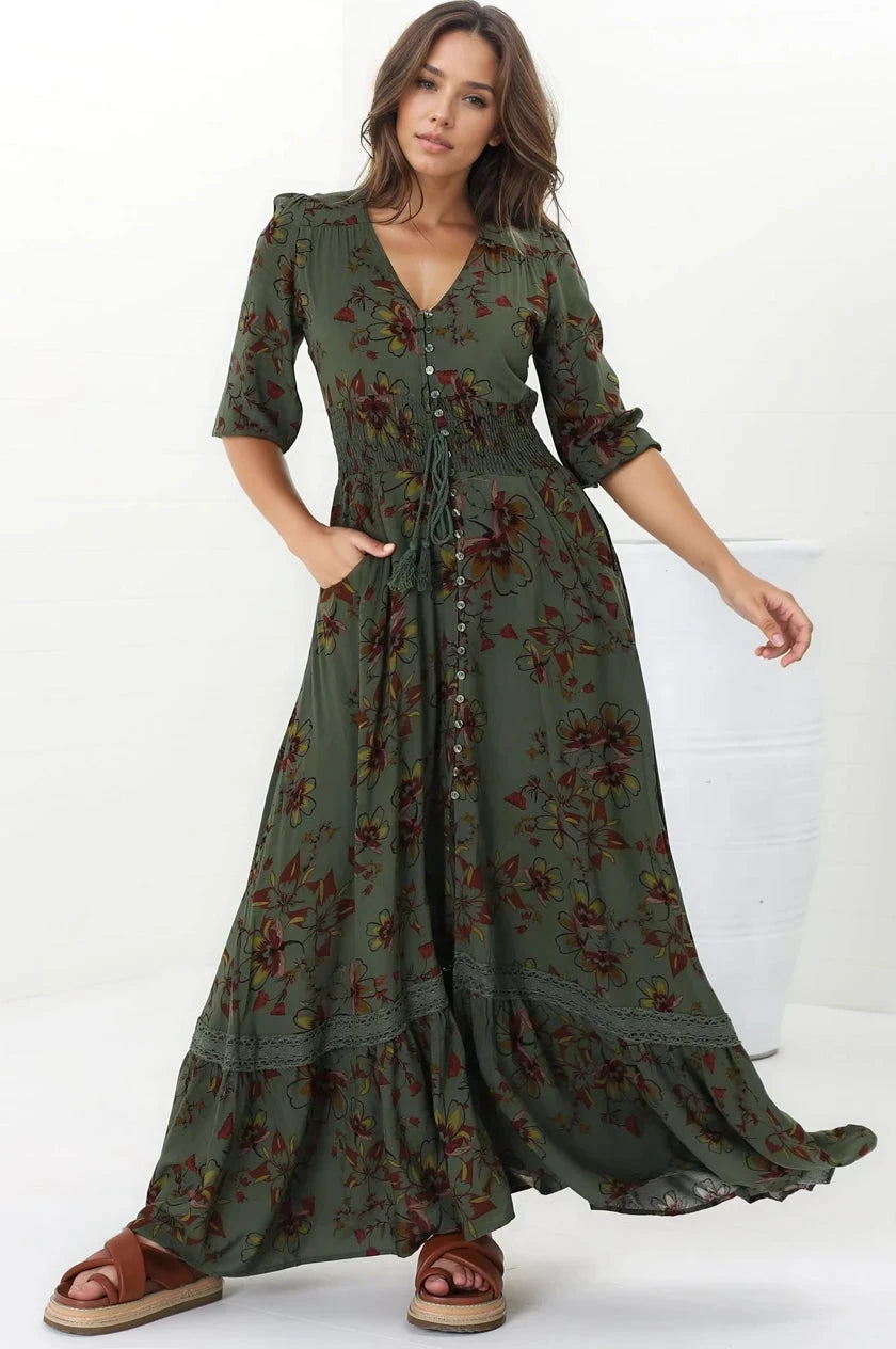 JAASE - Romi Maxi Dress: Button Down 3/4 Sleeve Dress with Waist Tie in Esme Print