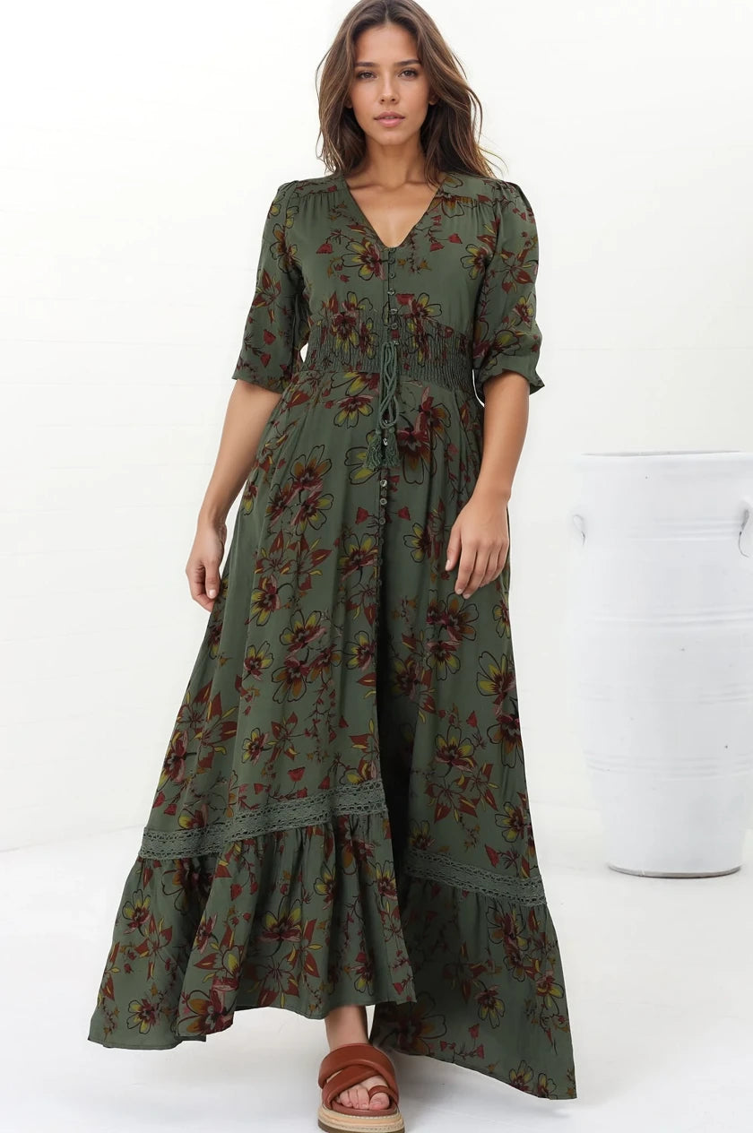 JAASE - Romi Maxi Dress: Button Down 3/4 Sleeve Dress with Waist Tie in Esme Print