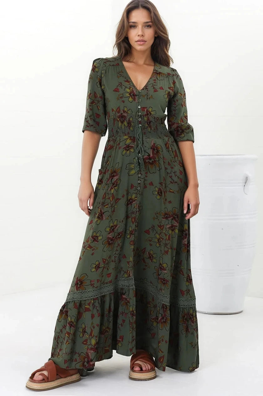 JAASE - Romi Maxi Dress: Button Down 3/4 Sleeve Dress with Waist Tie in Esme Print