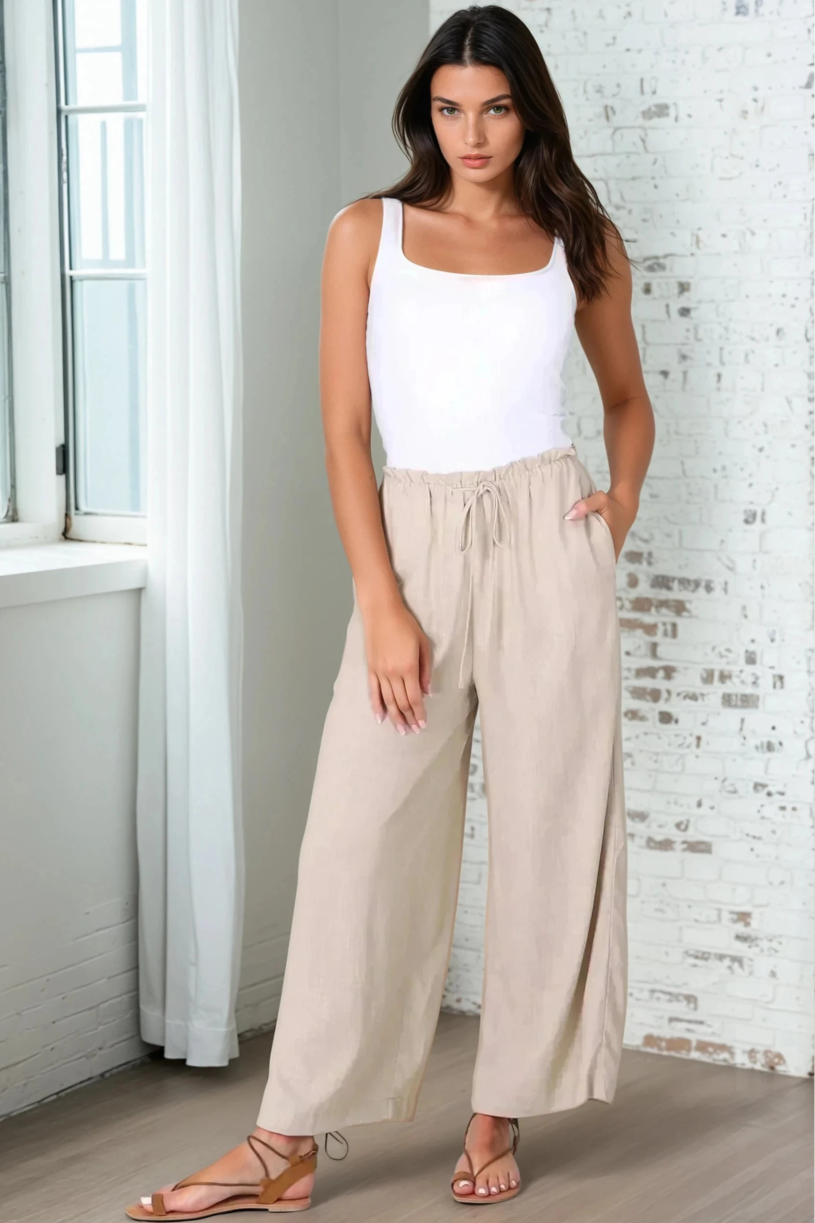Armon Pants - Paper Bag Waist With Tie Wide Leg Pants In Sand