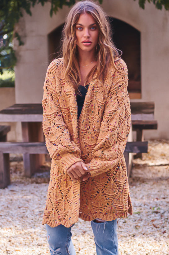 JAASE - Honour Cardigan: Rainbow Speck Open Knit Cardigan in Mustard