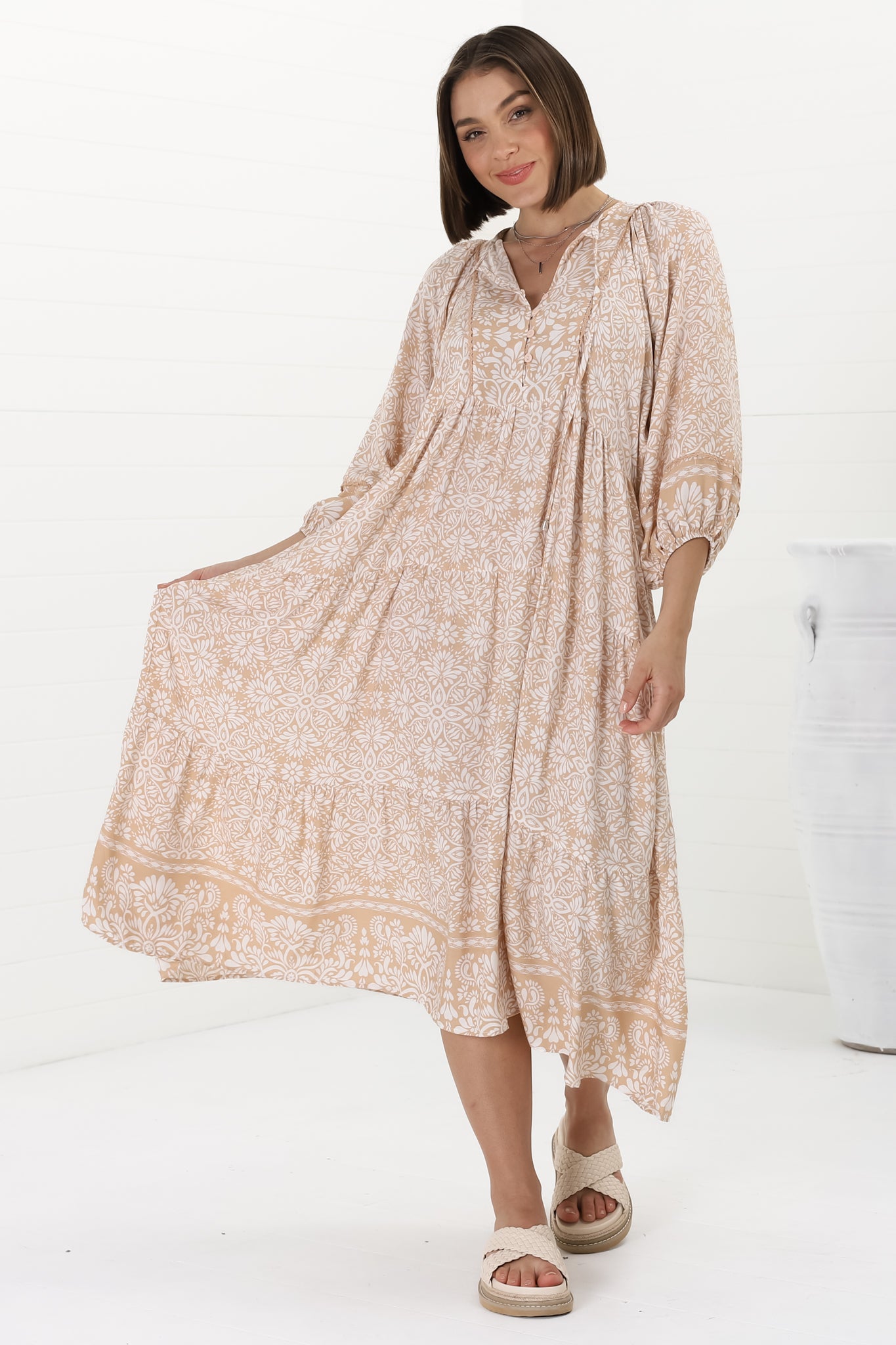 Kamali Midi Dress - Batwing Sleeve Smock Dress with Lace Detailing in Harley Print Beige