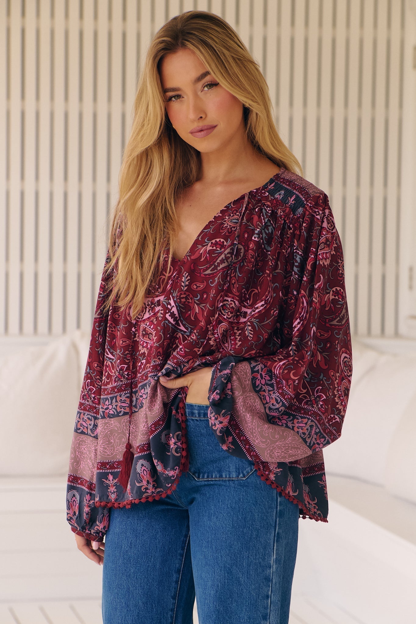 JAASE - Rue Top: V Neck Smock Top with Crochet Trim in Sadie Print