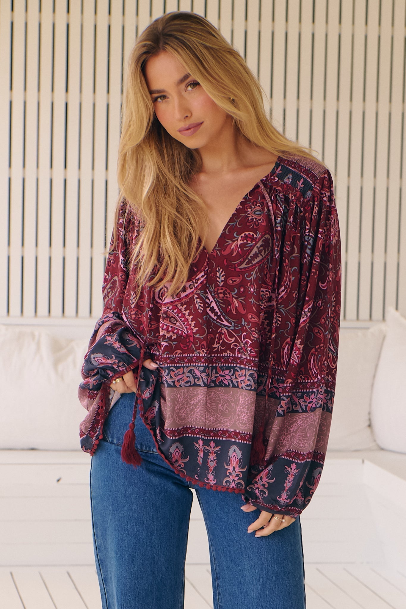 JAASE - Rue Top: V Neck Smock Top with Crochet Trim in Sadie Print