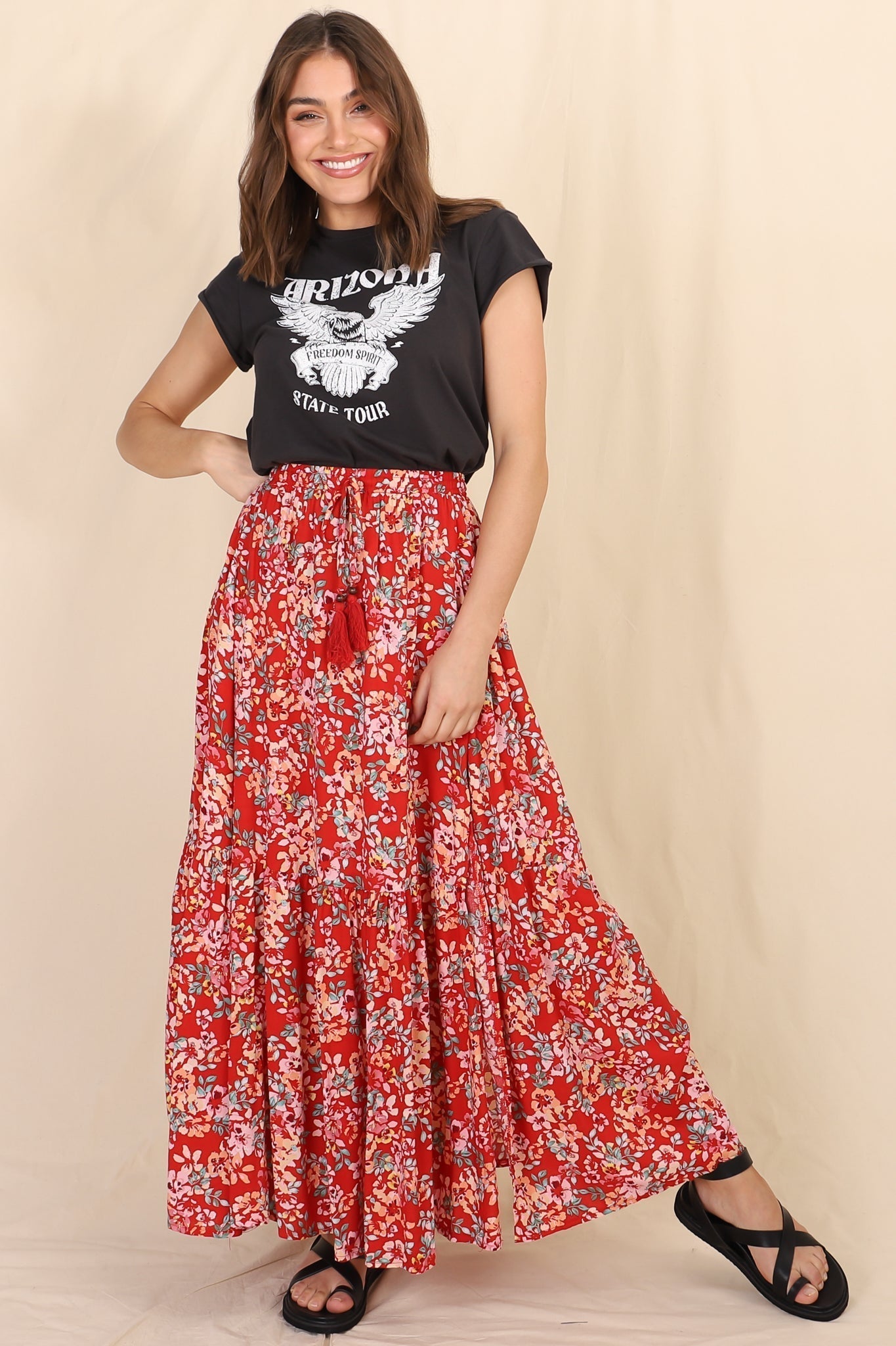 Hellen Maxi Skirt - High Waisted Skirt with Front Splits in Florentina Print Red