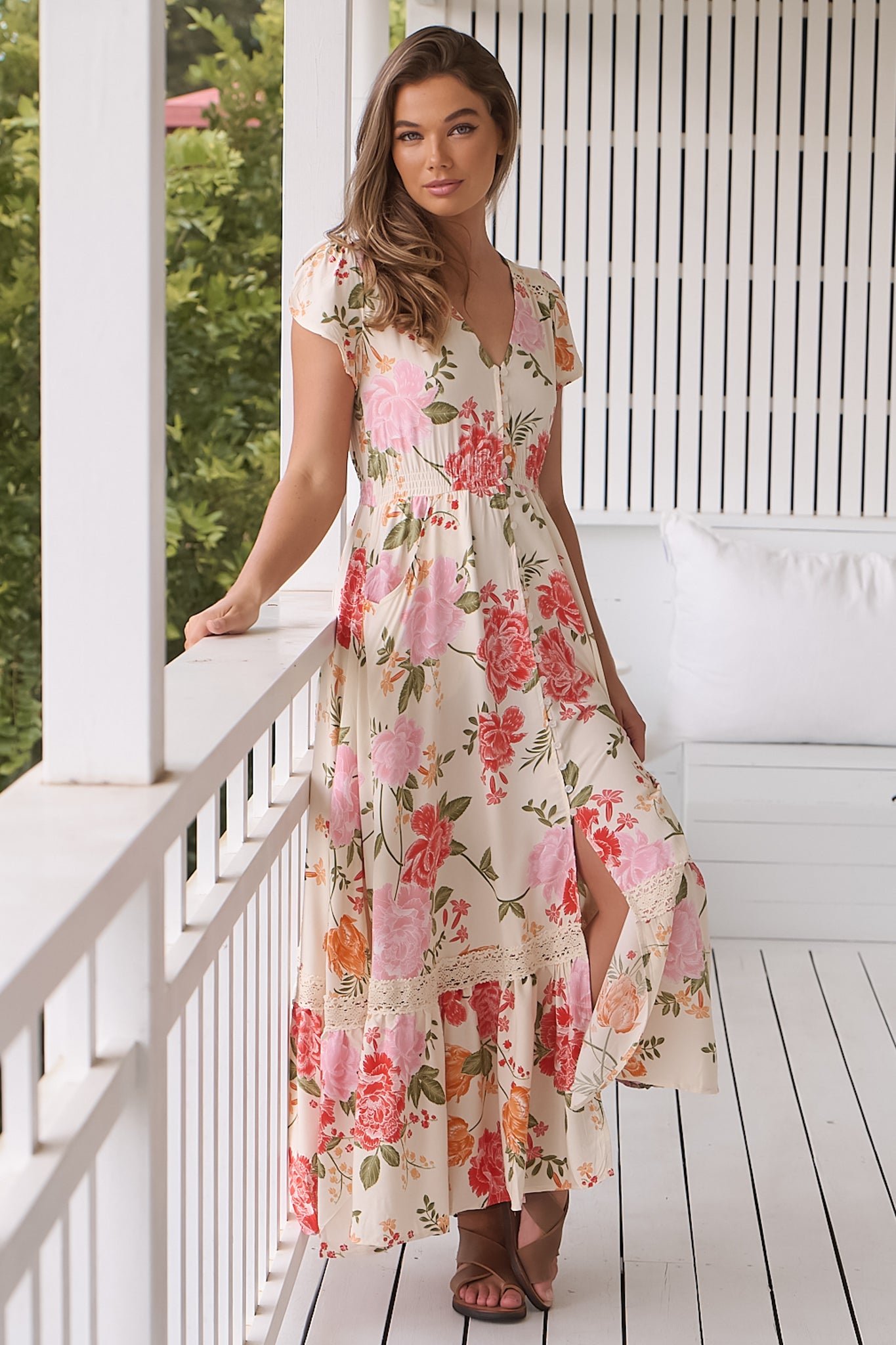 JAASE - Carmen Maxi Dress: Butterfly Cap Sleeve Button Down A-Line Dress with Lace Trim in Verbena