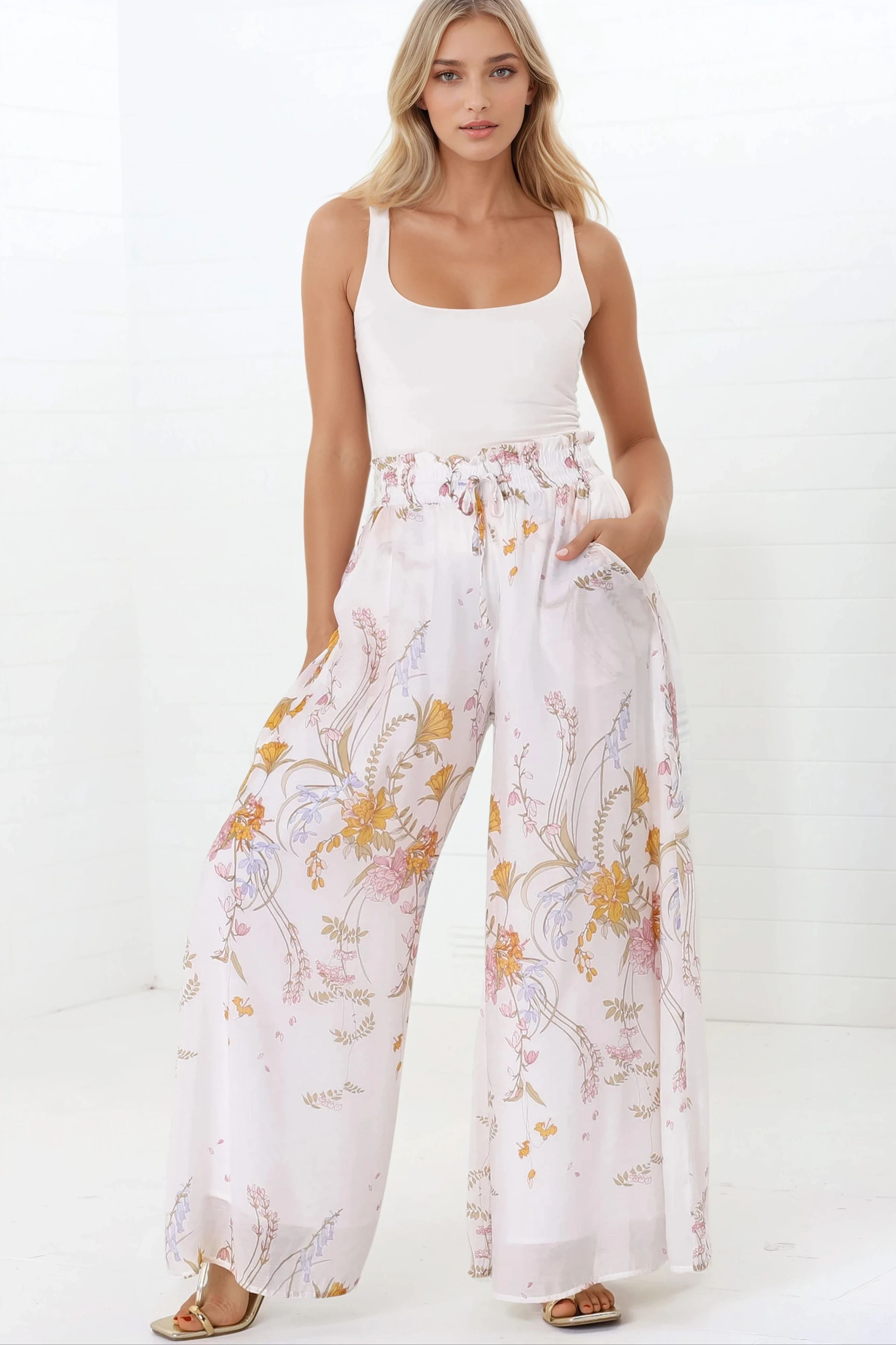 Charli Pants - Paper Bag High Waisted Wide Leg Pants in Sheree Print