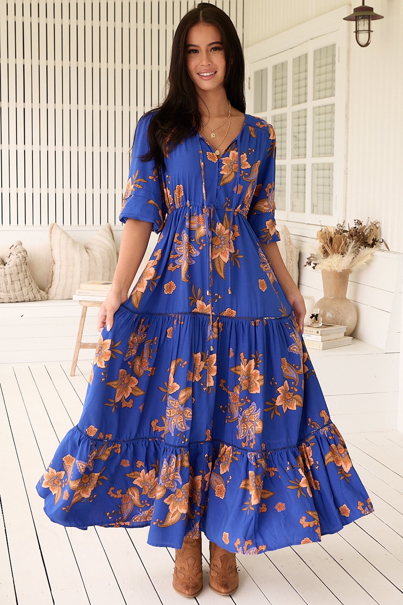 JAASE - Mariana Maxi Dress: V Neck Pull Tie Waist Tiered Dress in Maribella Print