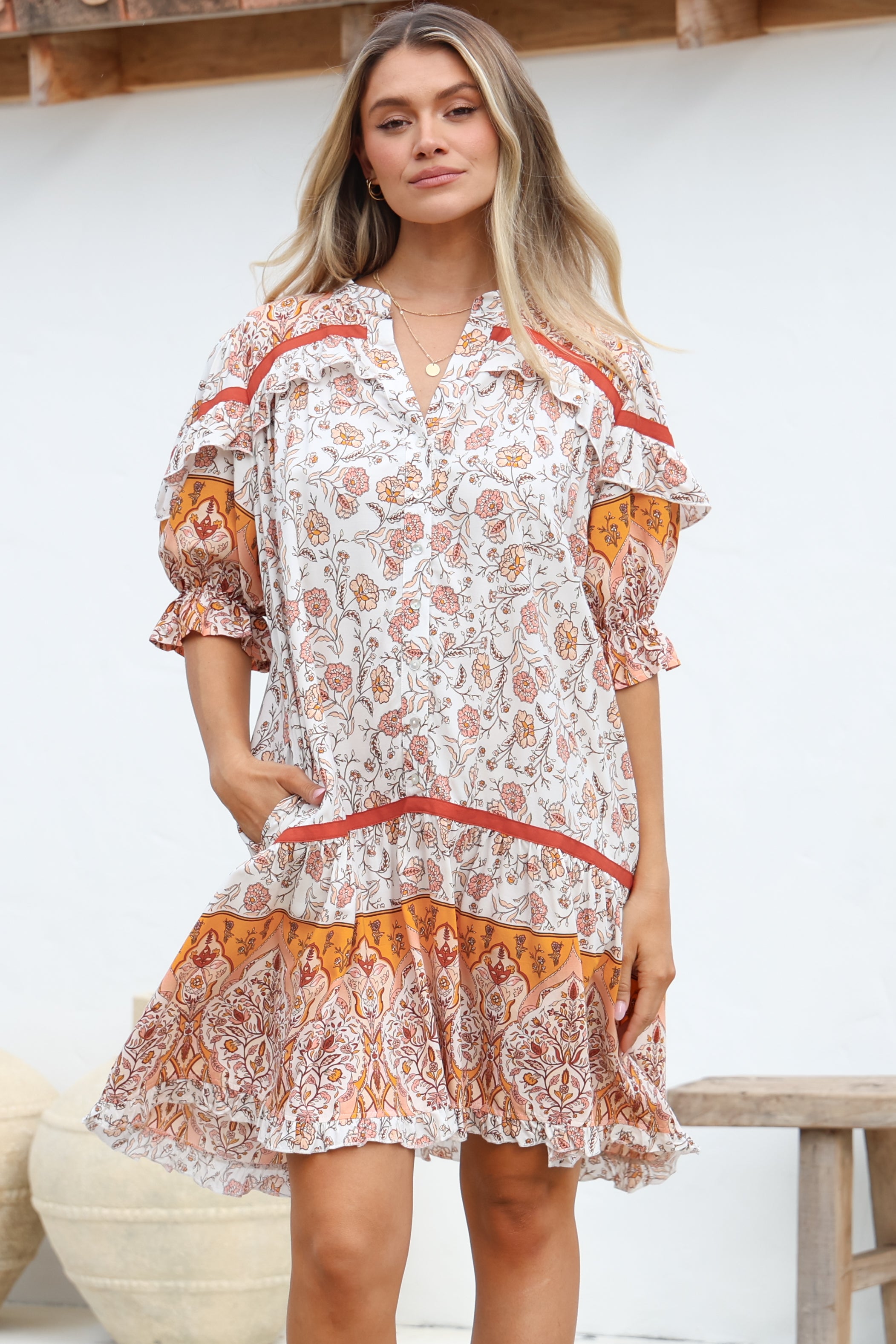 JAASE - Addy Mini Dress: Statement Balloon Sleeve Button Down Dress in Quincy Print