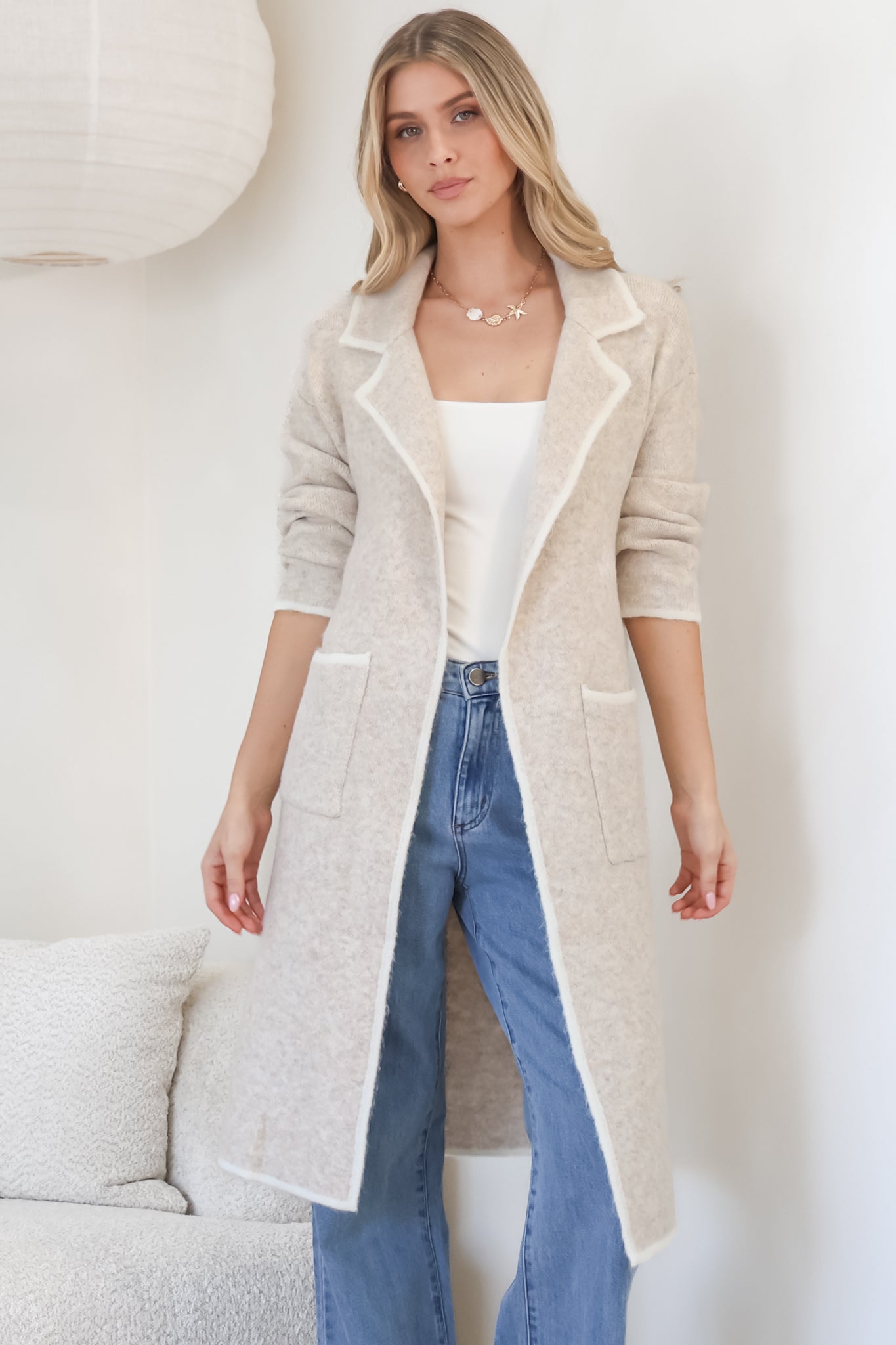 Boston Cardigan - Collared Contrast Hem Cardigan with Pockets in Beige