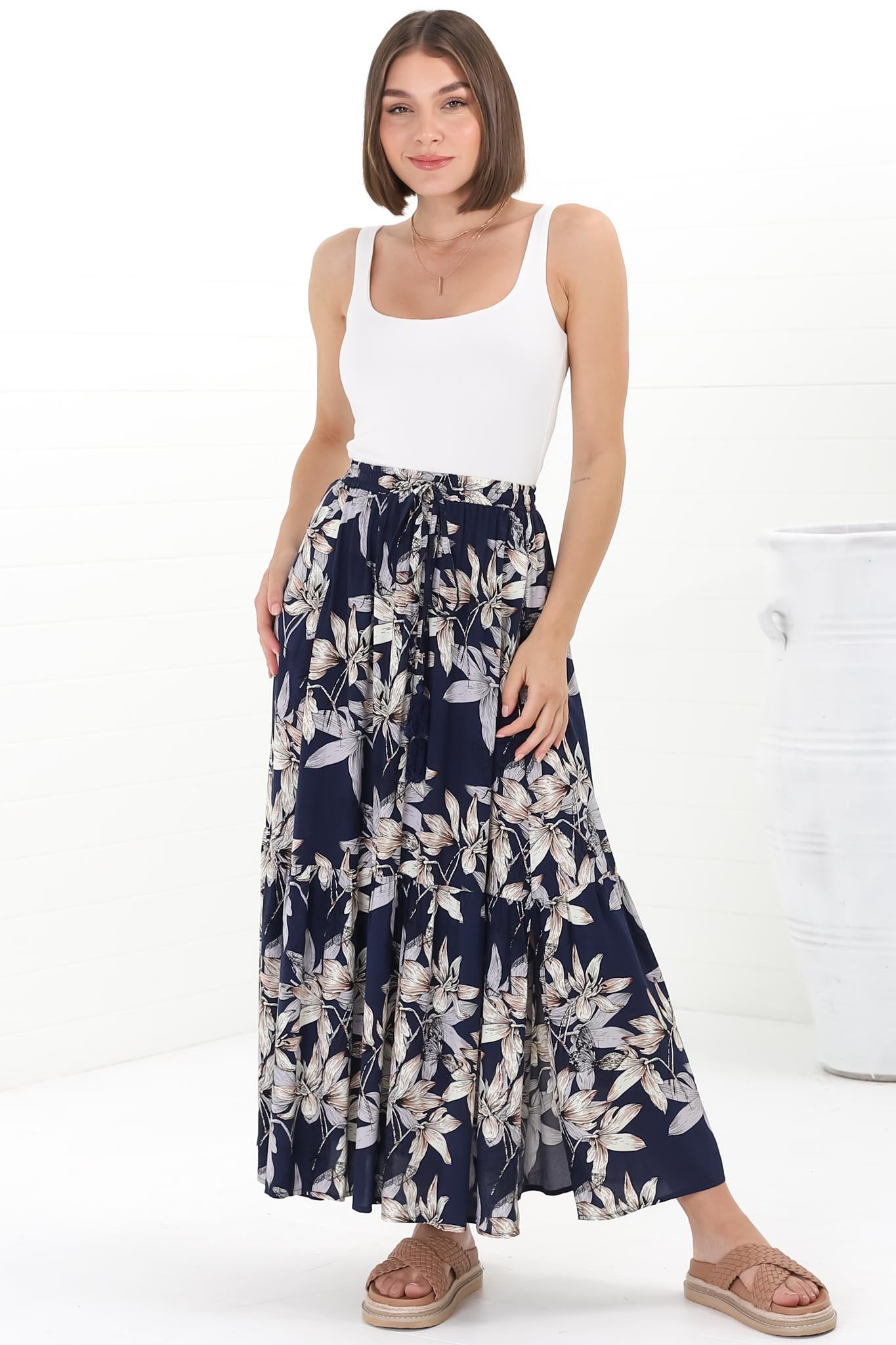 Frigg Maxi Skirt - High Waisted Tiered Skirt in Navy Floral Print