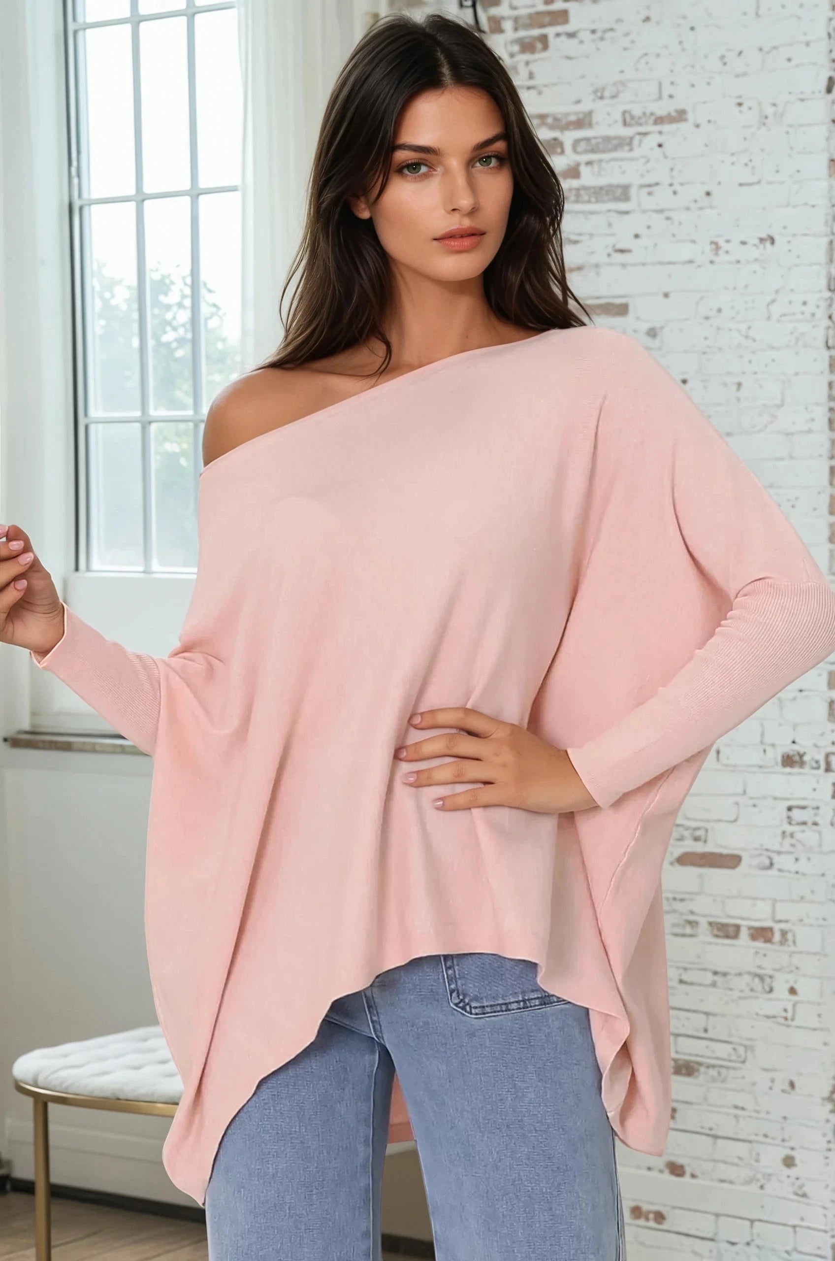 Belinda Knit Top - Boat Neckline Boxy Batwing Top in Baby Pink