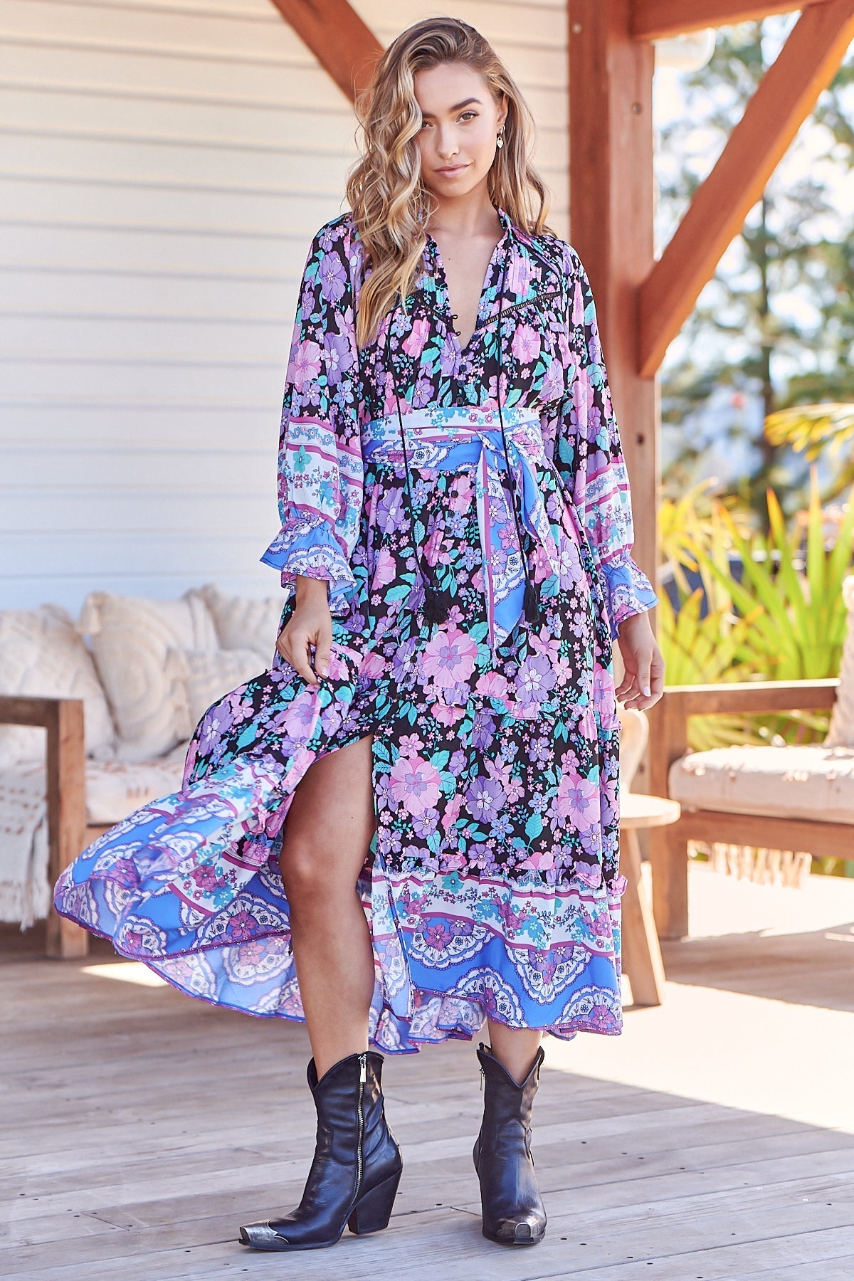 JAASE - Briana Midi Dress: Purple & Pink Floral Oversized Buttoned Dress with Waist Tie and Frill Splicing in Black Bird Print