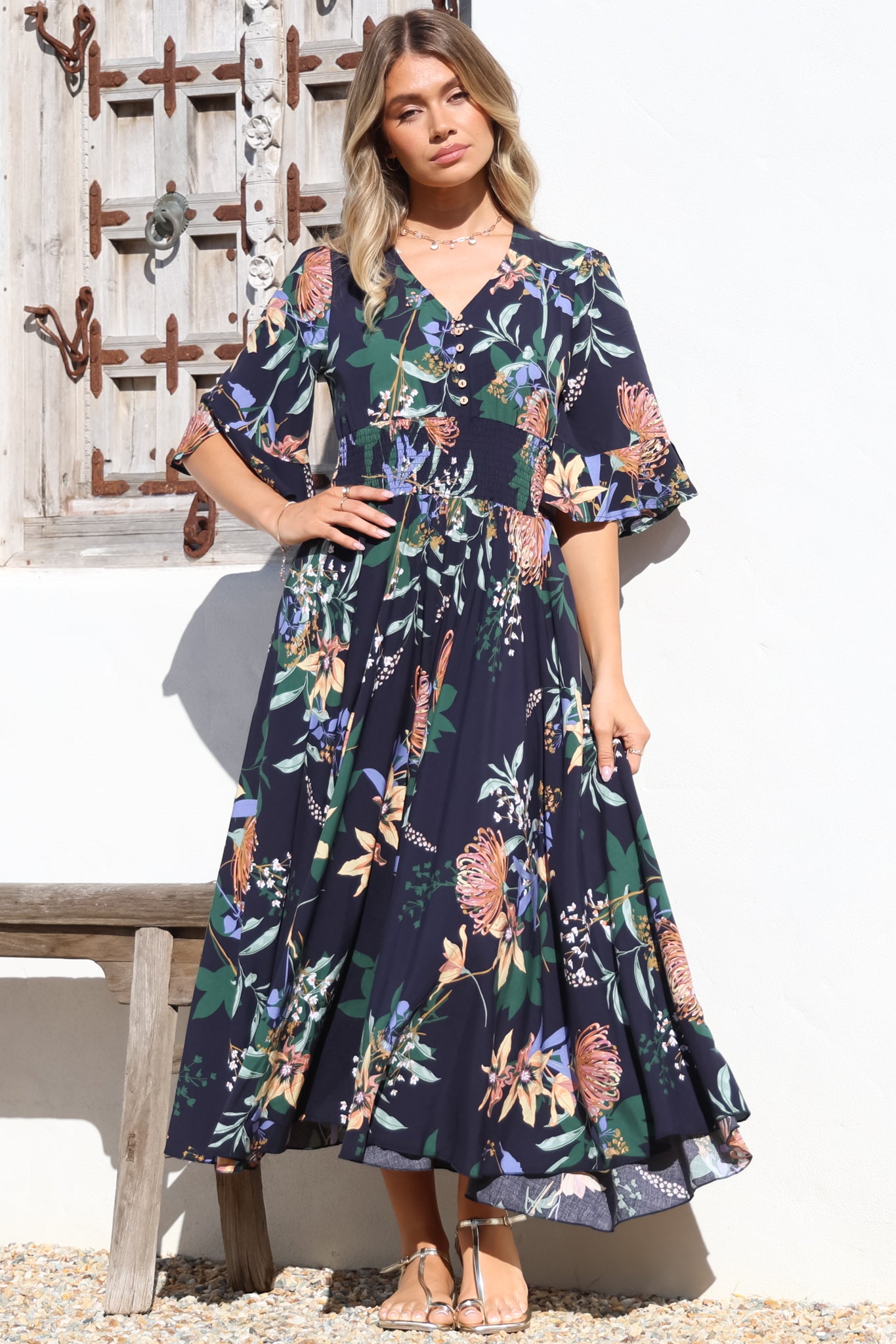Sasha Maxi Dress - Buttoned Bodice A Line Dress With Flute Sleeves In Raven Print Navy