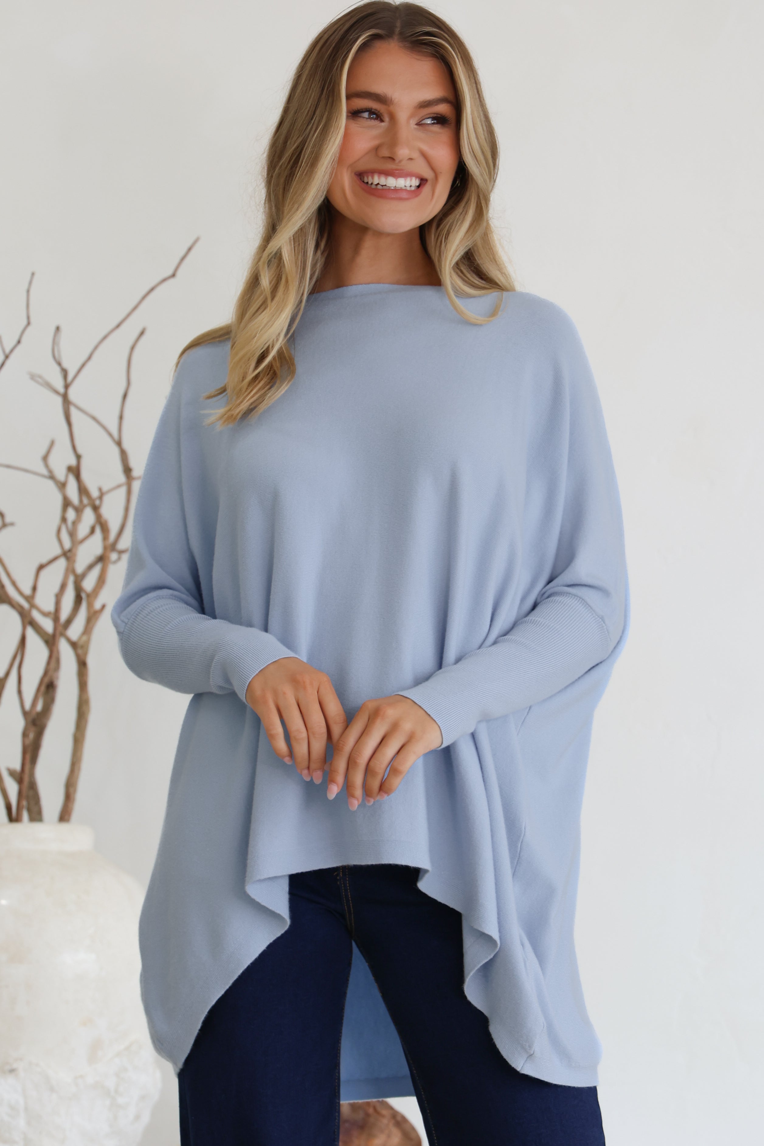 Belinda Knit Top - Boat Neckline Boxy Batwing Top in Baby Blue