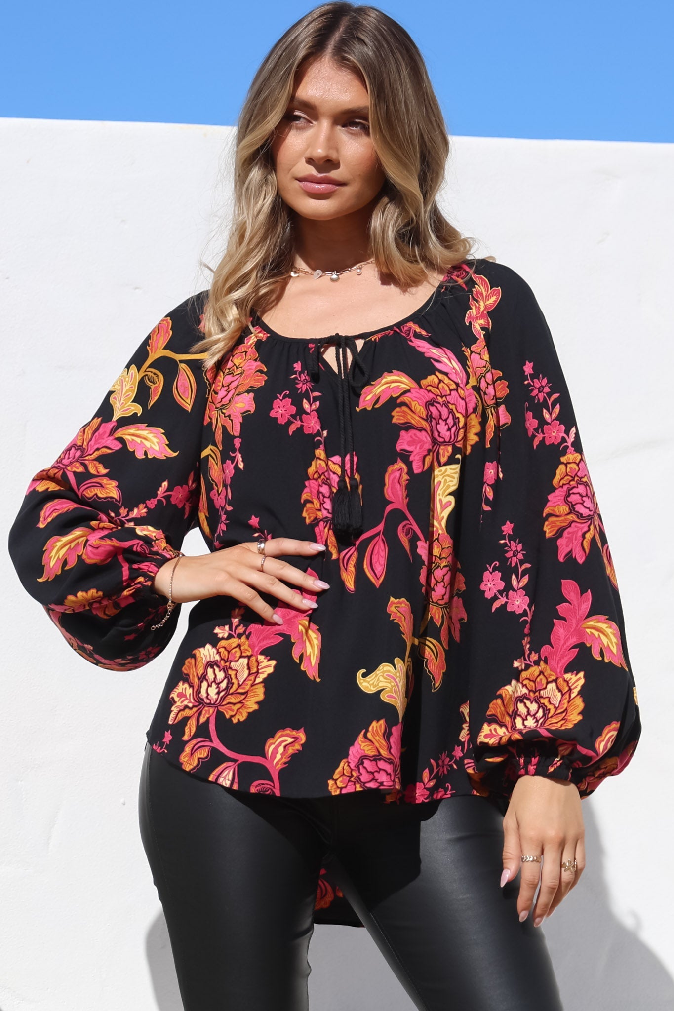 Cora Blouse - Round Neckline with Neck Tie Pull-Over Top in Valerie Print