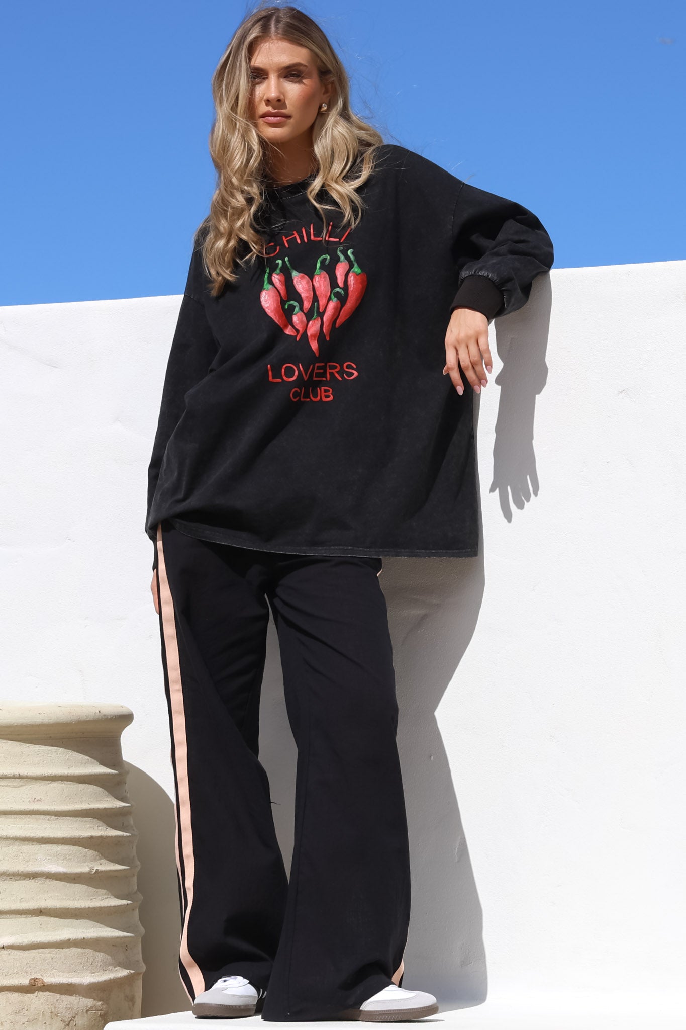 Chilli Lovers Set - Graphic Long Sleeve Top and Pants with Stripe Accent in Black