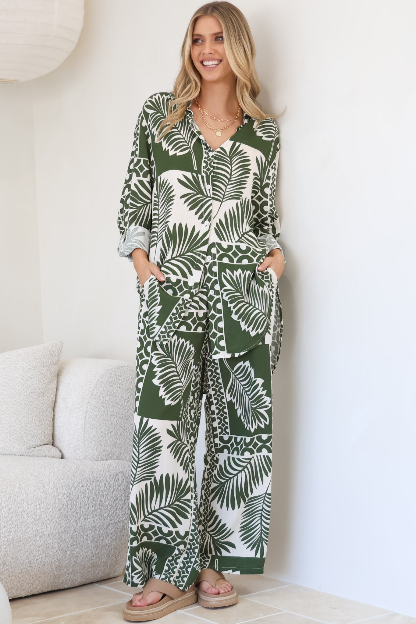 Sibelle Set - Collared Button Down Shirt and Pant Set in Sunny Print Green
