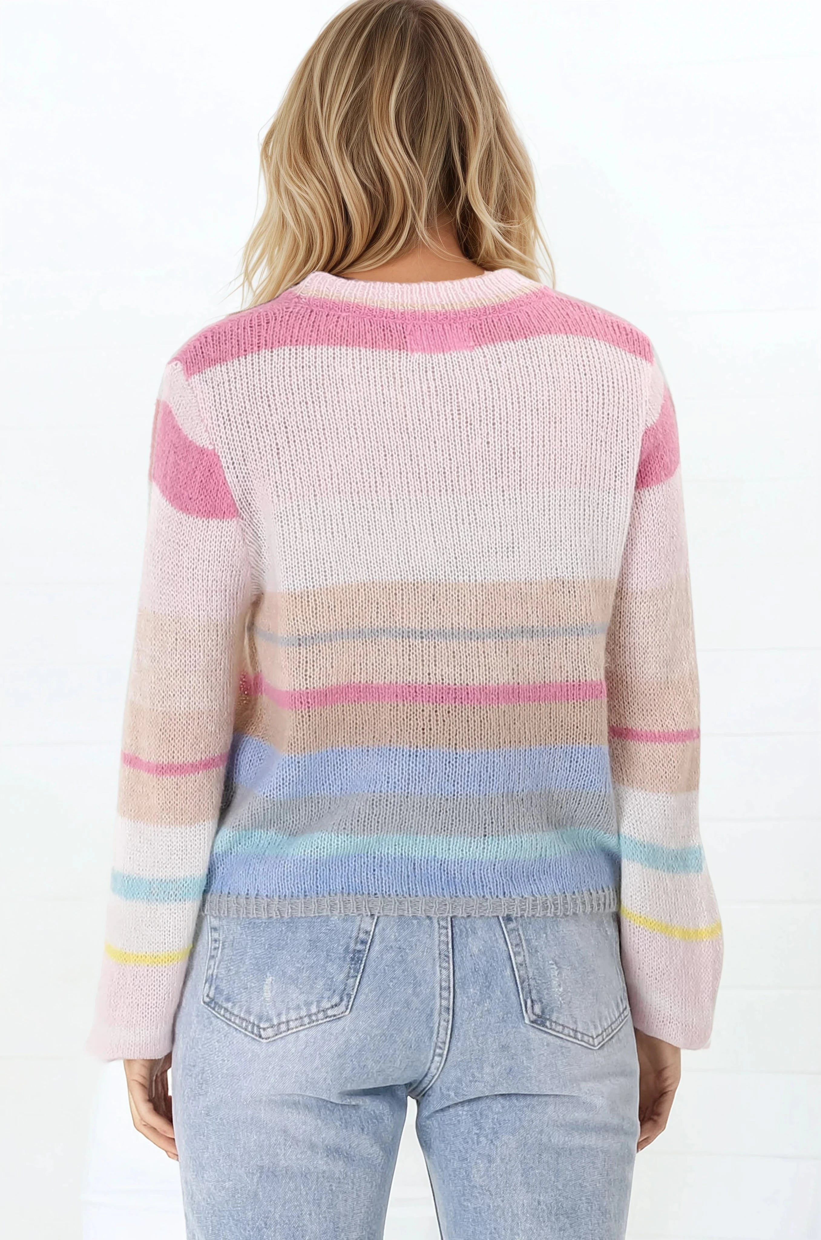 Janice Jumper - Crew Neck Striped Jumper in Pink