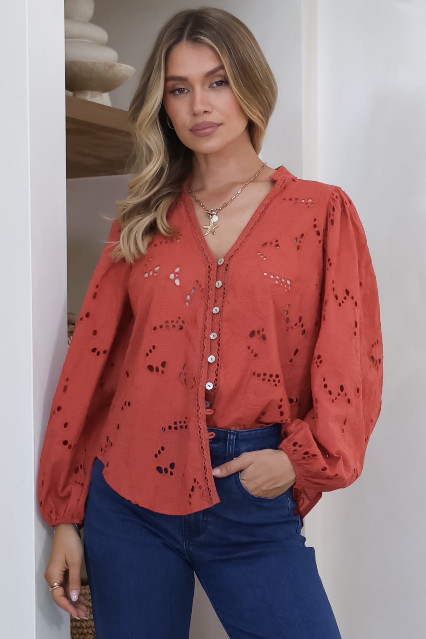 Marise Blouse - Hollow Out Embroidered Button Down Blouse in Rust