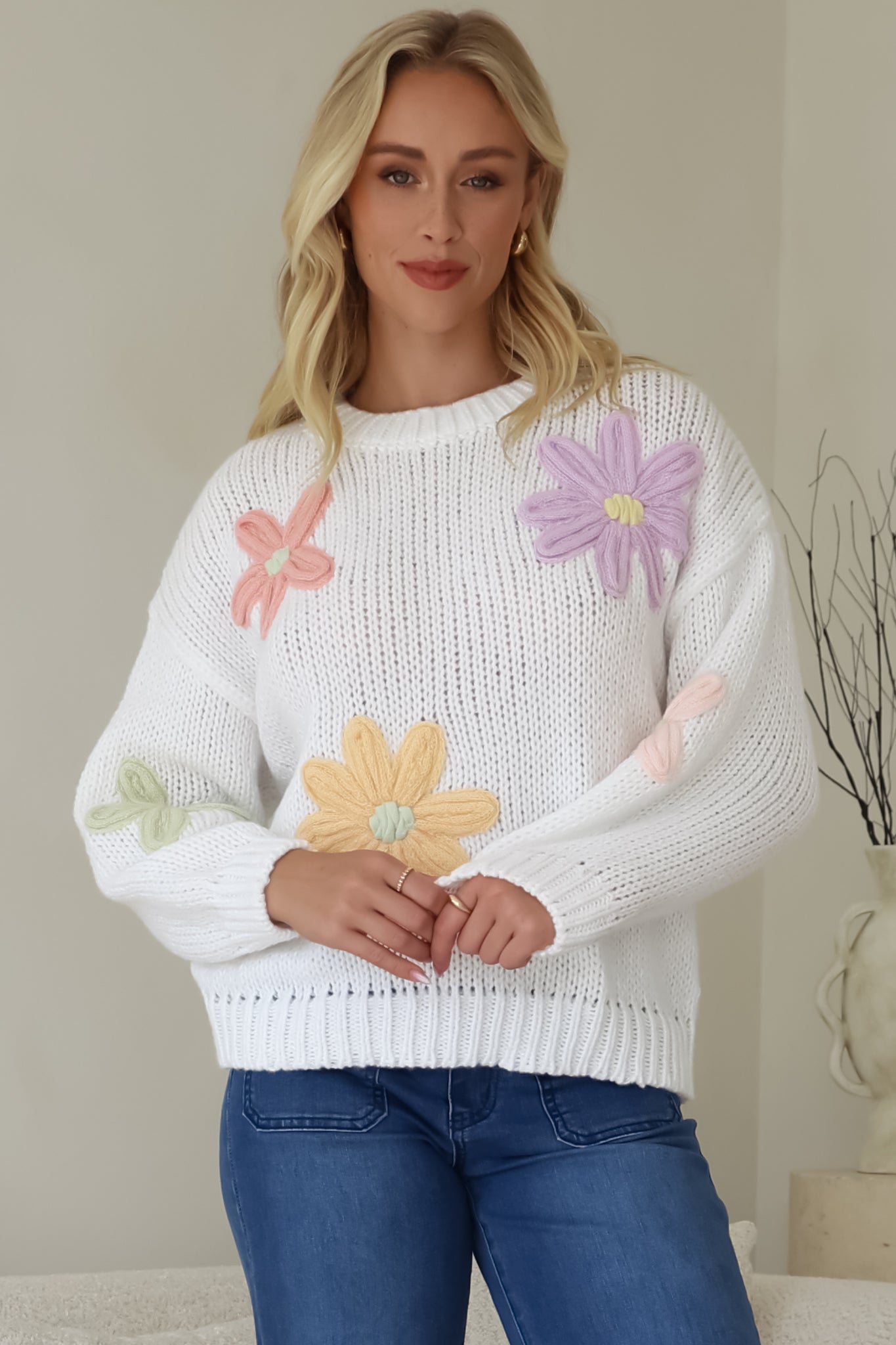 Wildflower Jumper - Chunky Knit Jumper with Flower Decals in White