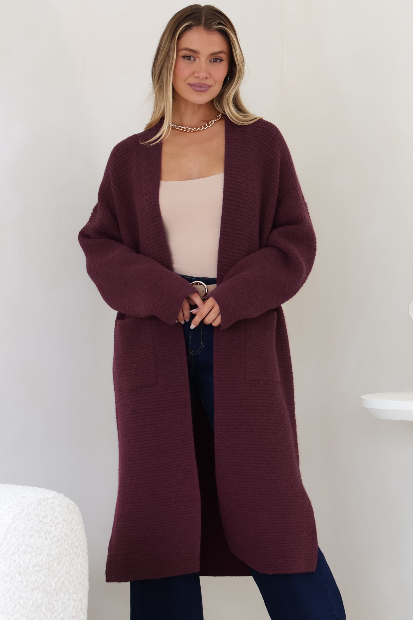 Levi Cardigan - Open Front Long Knit Cardigan with Pockets in Wine