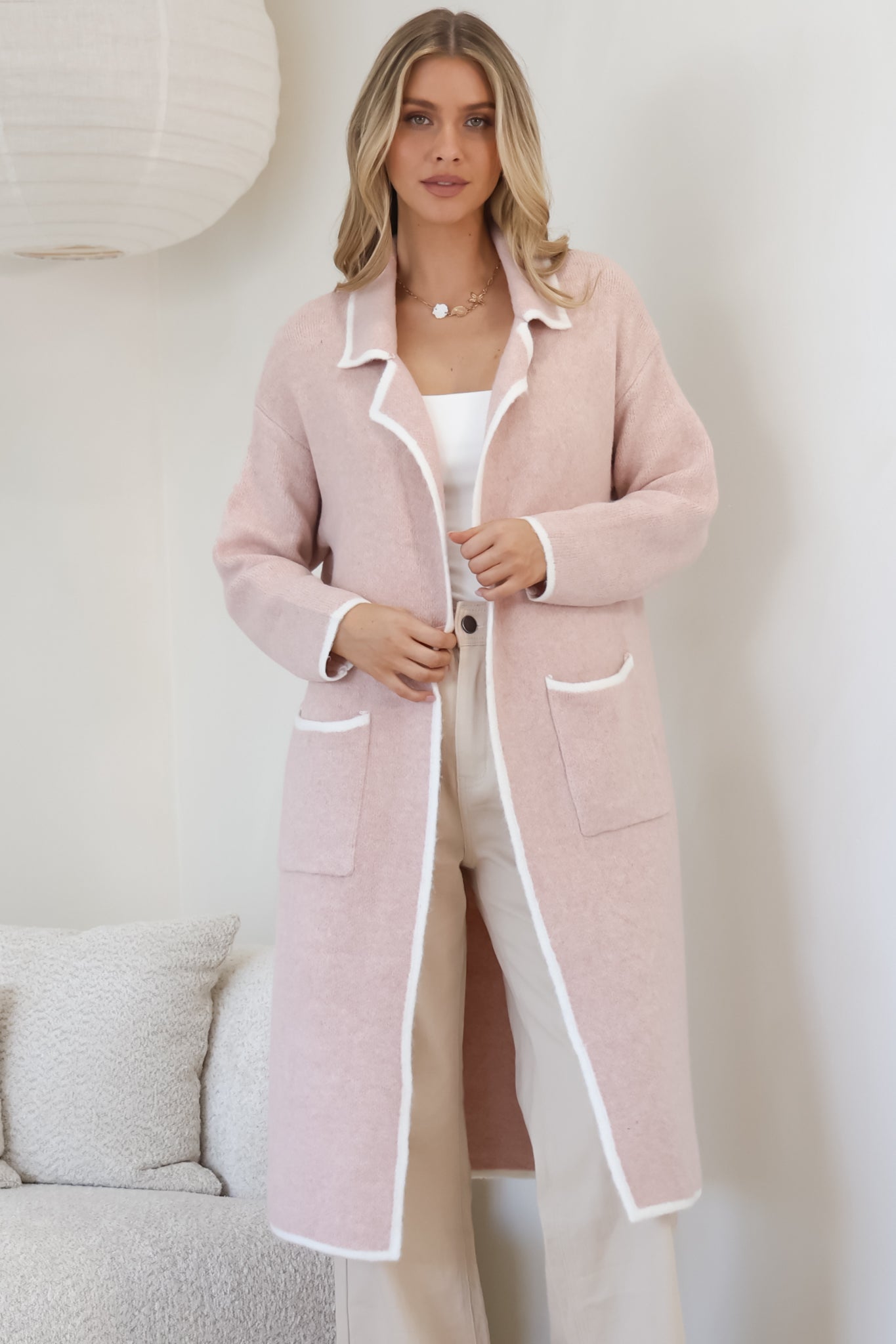 Boston Cardigan - Collared Contrast Hem Cardigan with Pockets in Pink