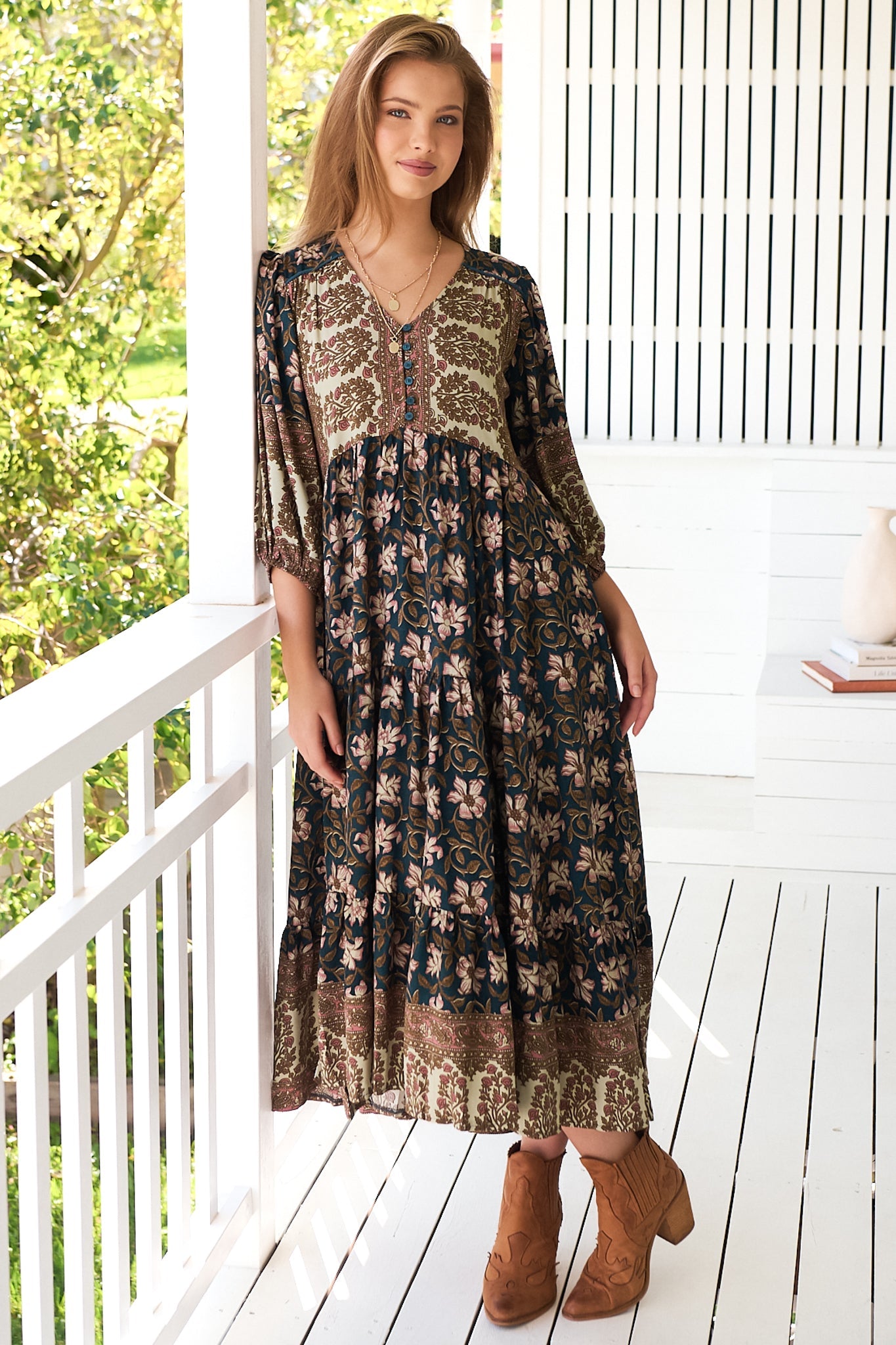 JAASE - Eve Midi Dress: V Neck Tiered Dress with Option Waist Tie in Nomade Print