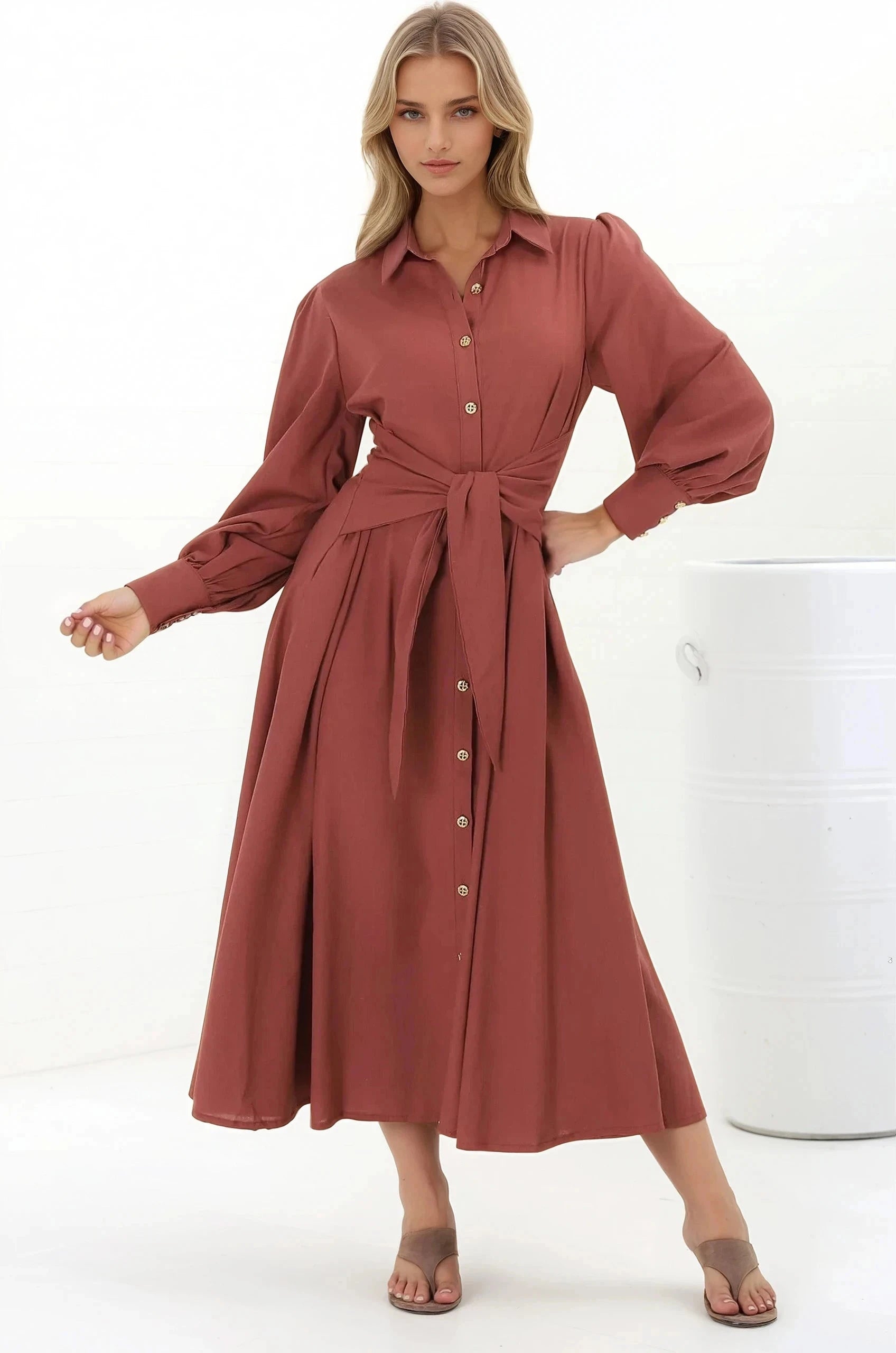August Midi Dress - Collared Shirt Balloon Sleeve Dress with Waist Tie in Rust