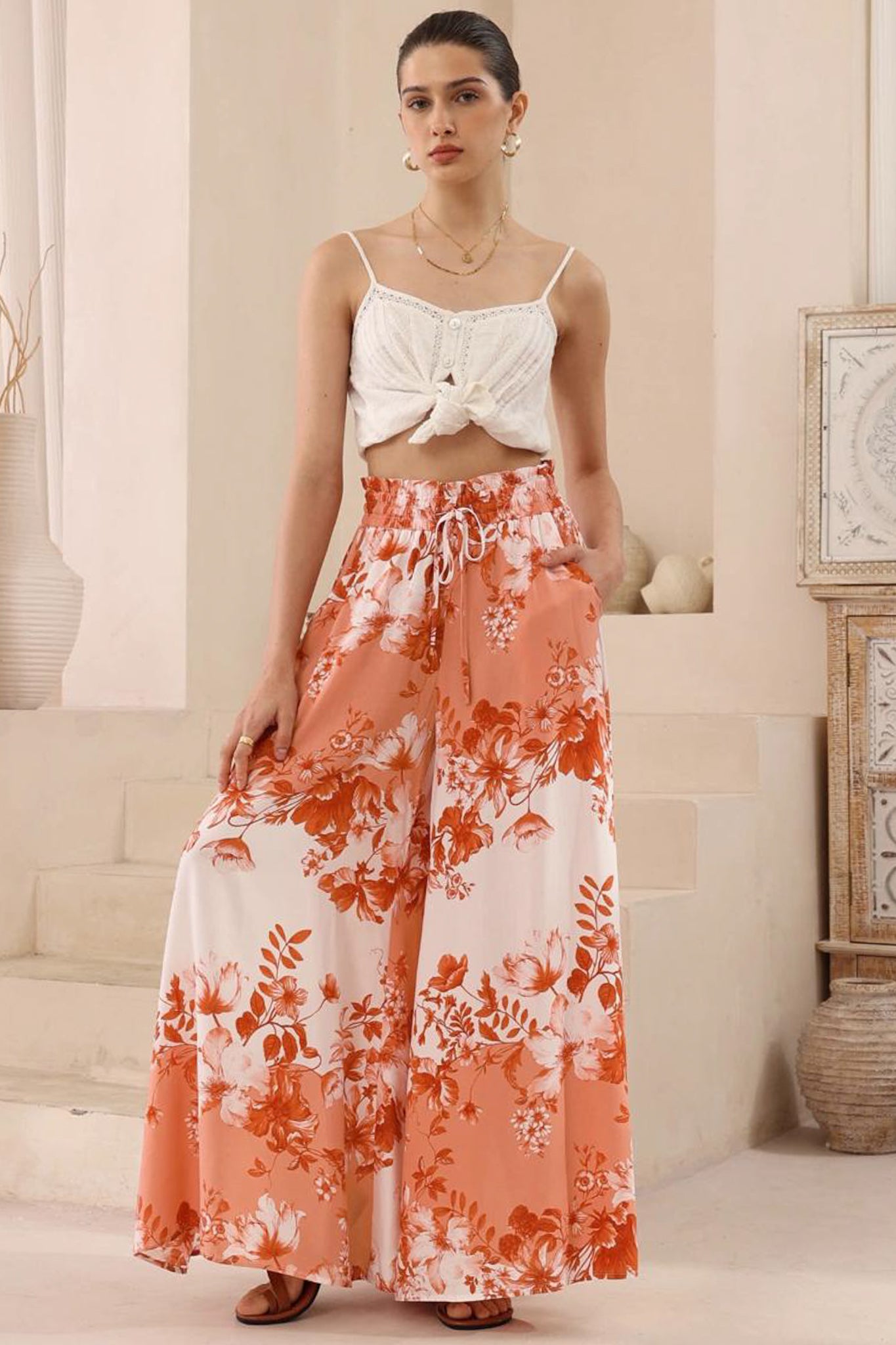 Charli Pants - Paper Bag High Waisted Wide Leg Pants in Eryn Print