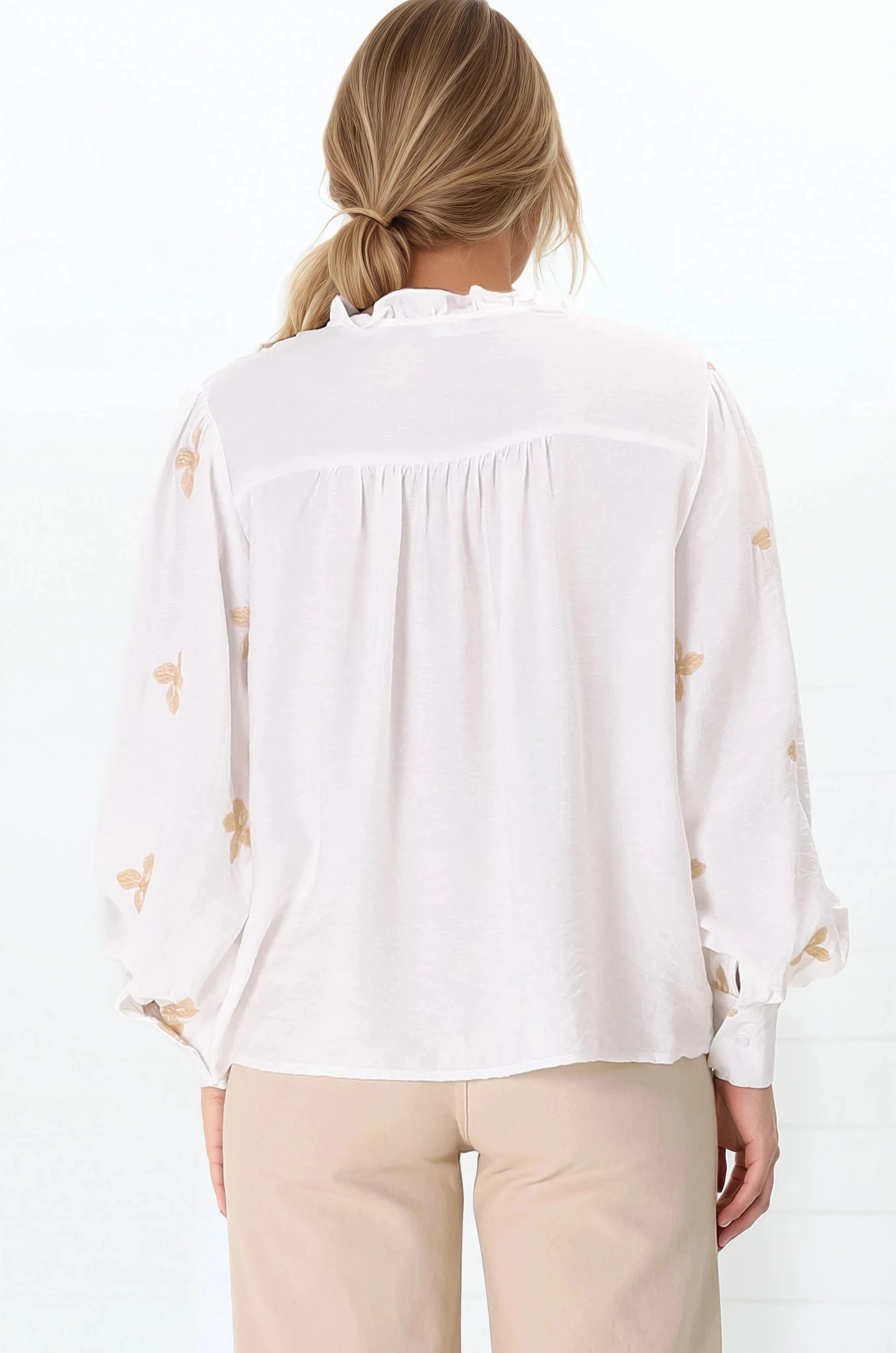 Gigi Blouse - Floral Embroidery Frill Collar Button Down Blouse in White