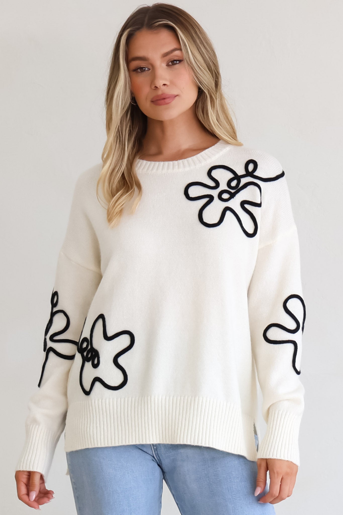 Edith Jumper - Crew Neck Abstract Floral Decal Jumper in Cream