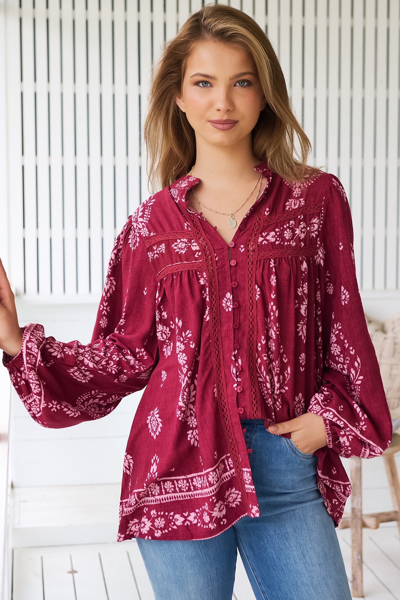 JAASE - Bee Blouse: Lace Decal Button Down Long Sleeve Blouse in Rhubarb Kiva Print